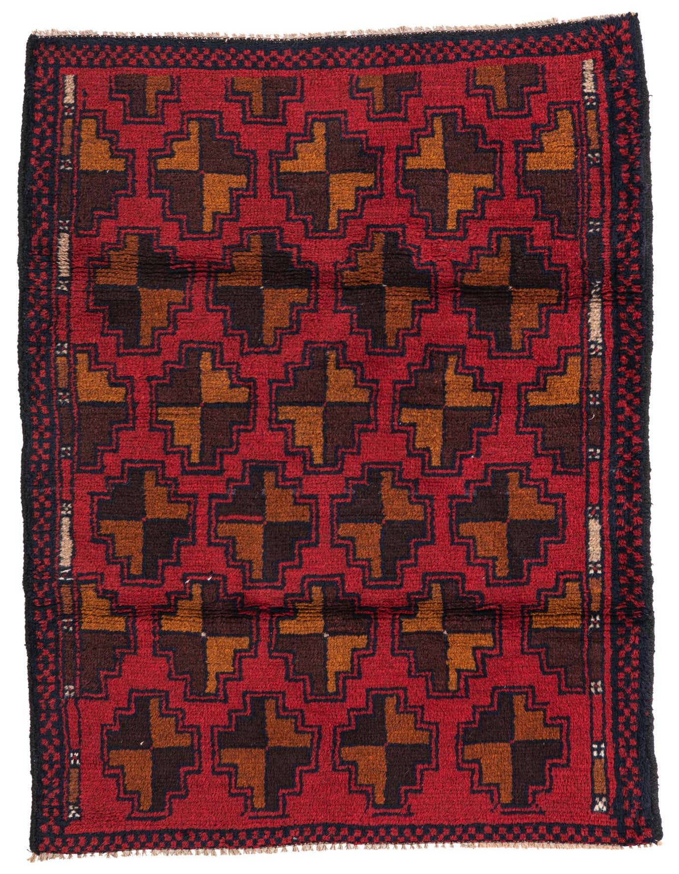 A 3x4 rectangular Balouch rug featuring a traditional tribal pattern in shades of red, brown, and black.
