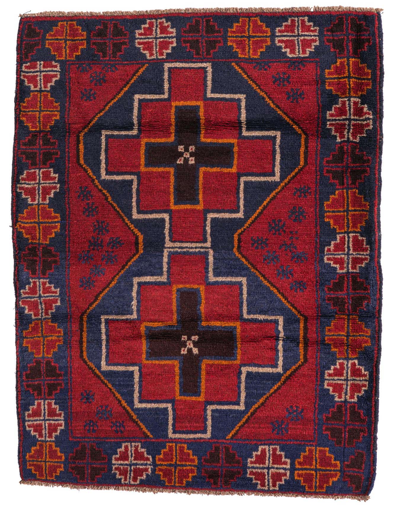A 3x5 rectangular Balouch rug with a traditional tribal pattern in deep reds and navy blue, featuring geometric crosses and medallions.