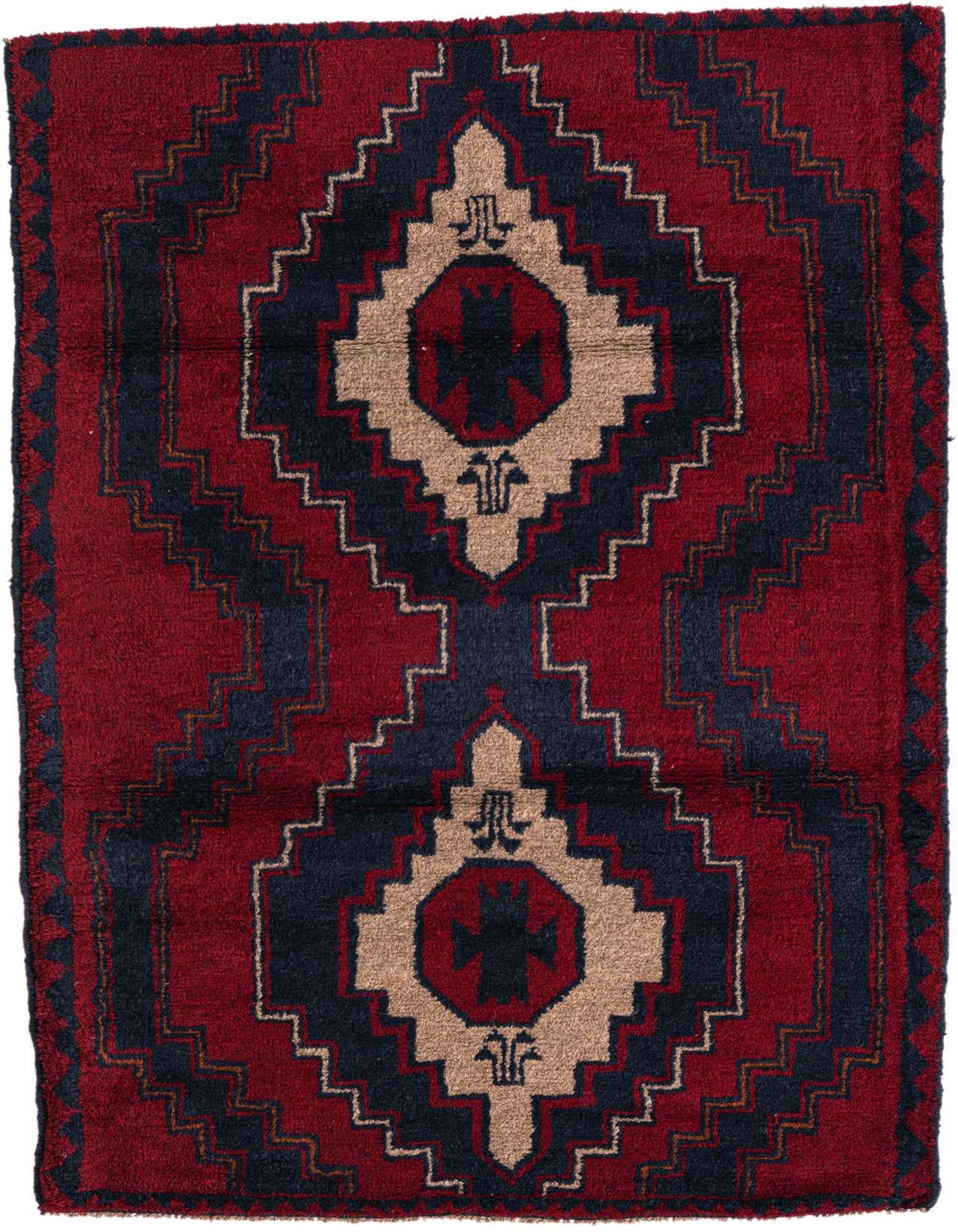A 3x4 rectangular Balouch rug featuring a traditional tribal medallion pattern in deep red, navy blue, and beige.