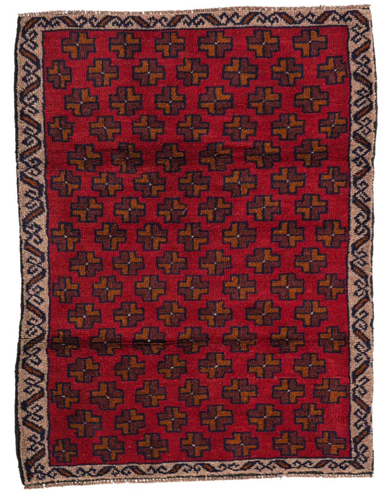 A 3x5 rectangular Balouch rug in deep red with a repeating tribal geometric pattern in brown and black, bordered by a tan and black design.