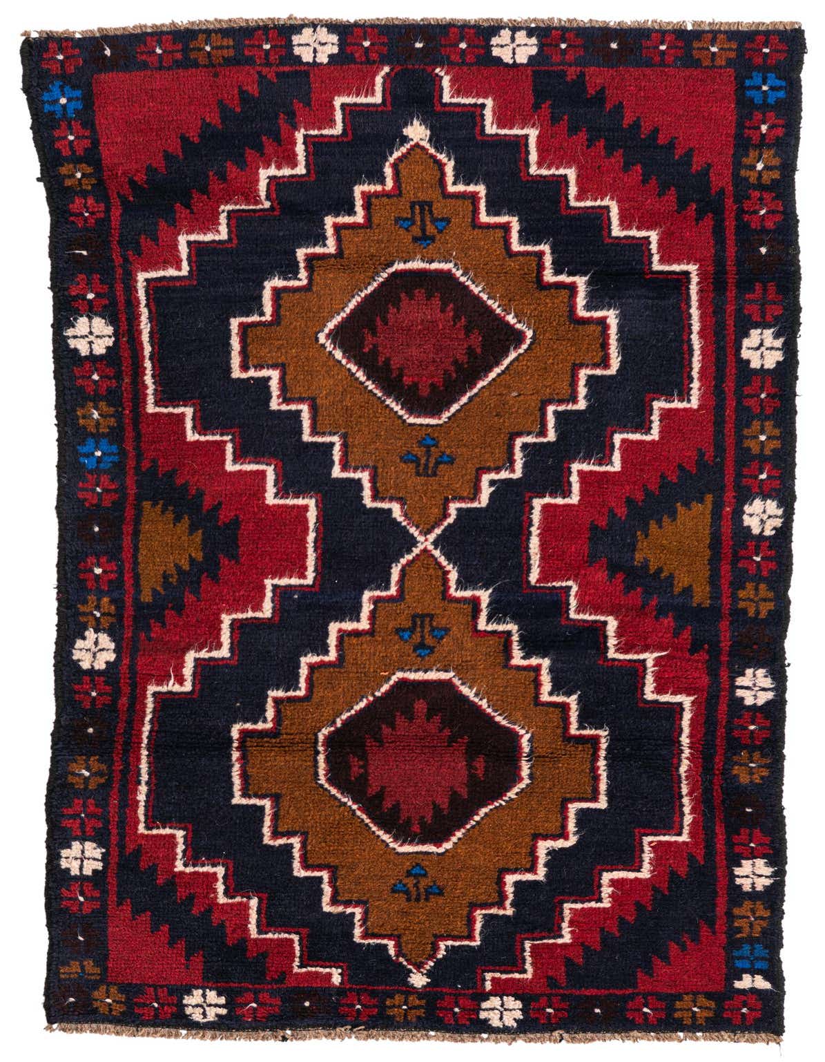 A handmade 3x5 rectangular Balouch rug with a tribal medallion pattern in deep reds, navy, and brown.