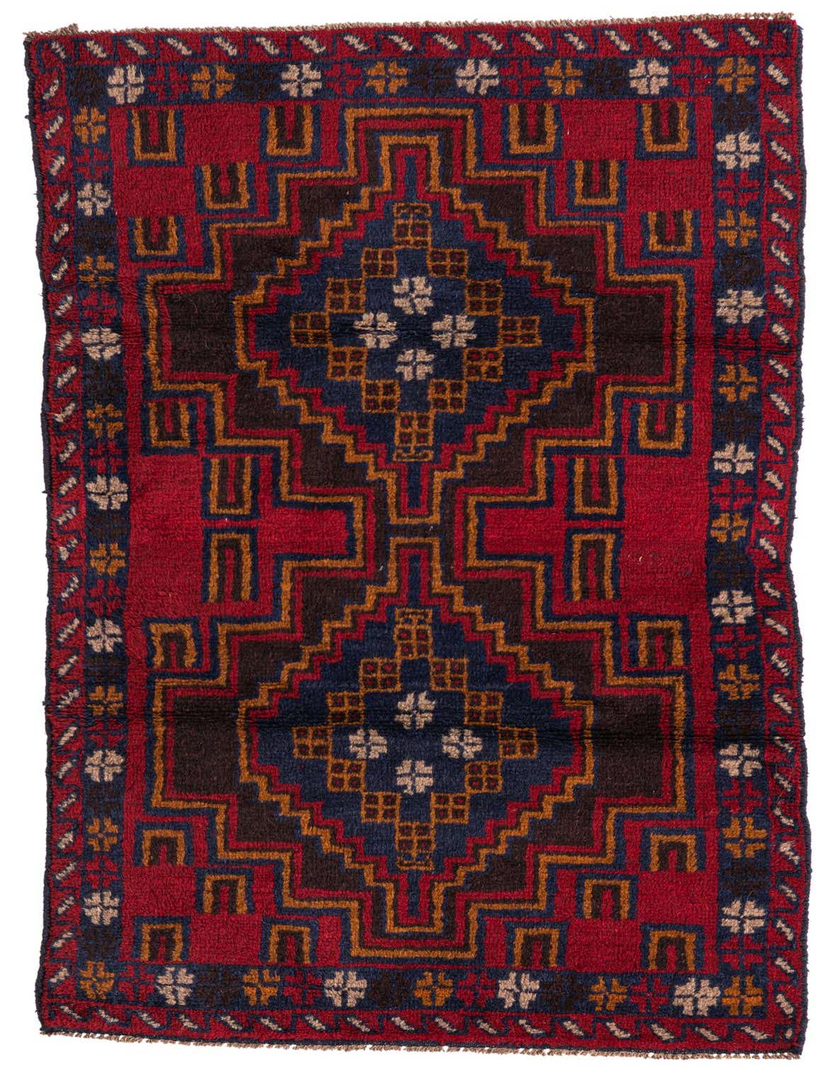 A 3x5 rectangular Balouch wool rug featuring a traditional tribal medallion pattern in deep reds, navy blue, and gold.