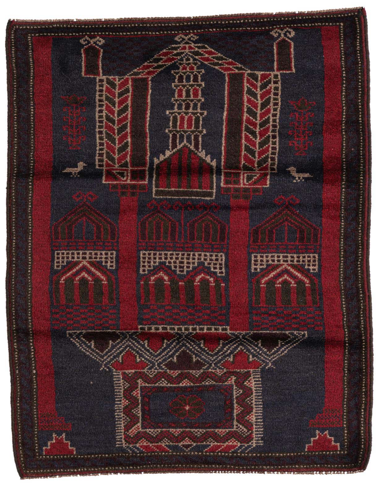 A 3x5 rectangular Balouch rug with a traditional Persian tribal pattern in deep reds, navy, and beige, featuring architectural and bird motifs.