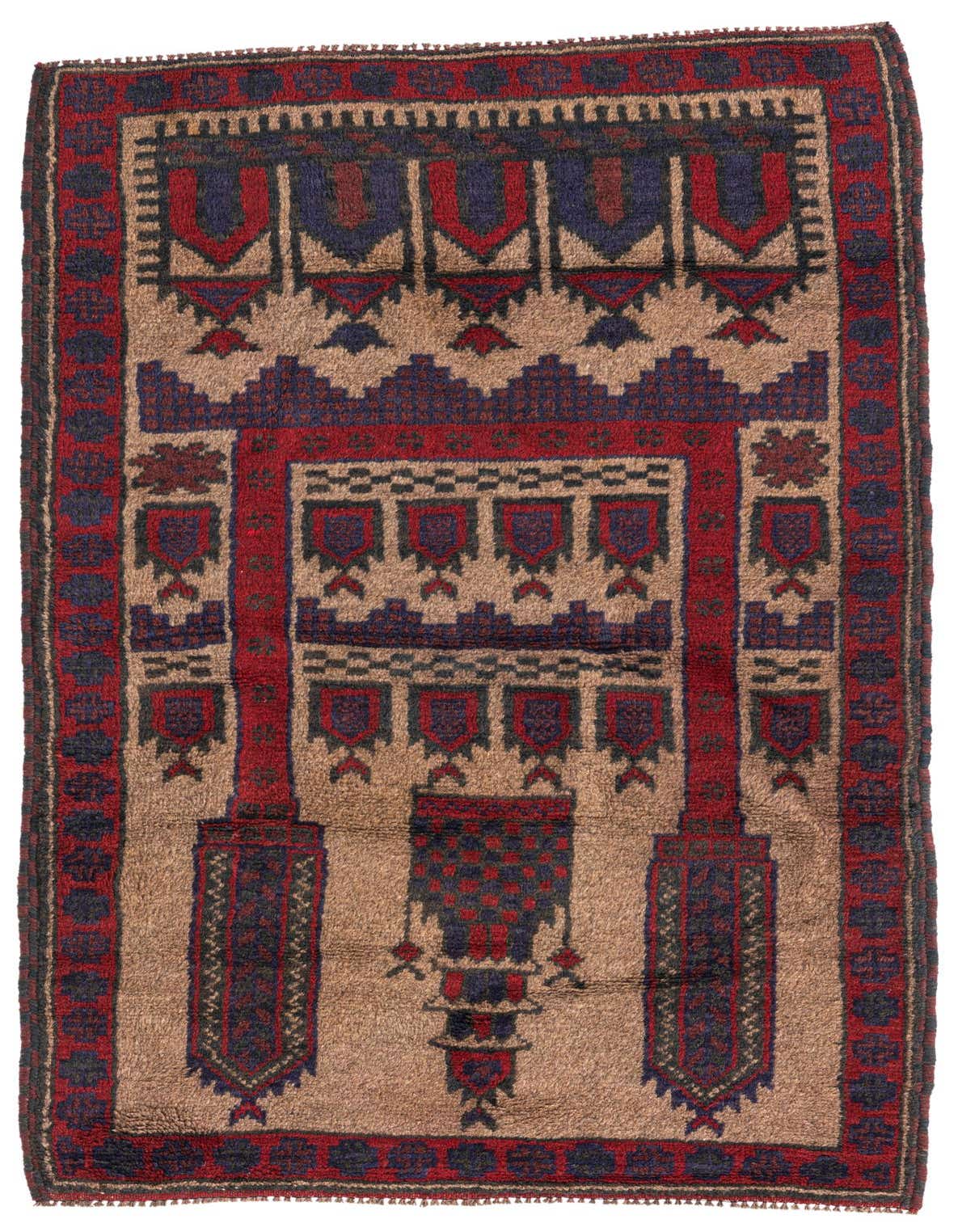 A 3x5 rectangular Balouch rug with a traditional Persian tribal pattern in reds, blues, and beige, suitable for an entryway.