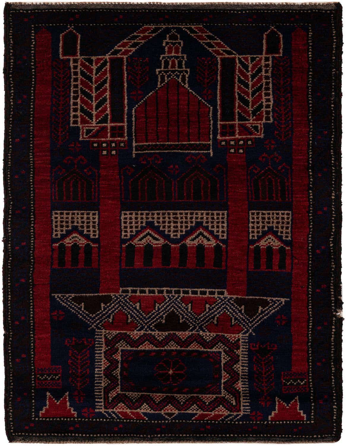 A 3x5 rectangular Balouch rug with a traditional Persian design in deep reds, navy, and black, featuring intricate tribal patterns and a central medallion.