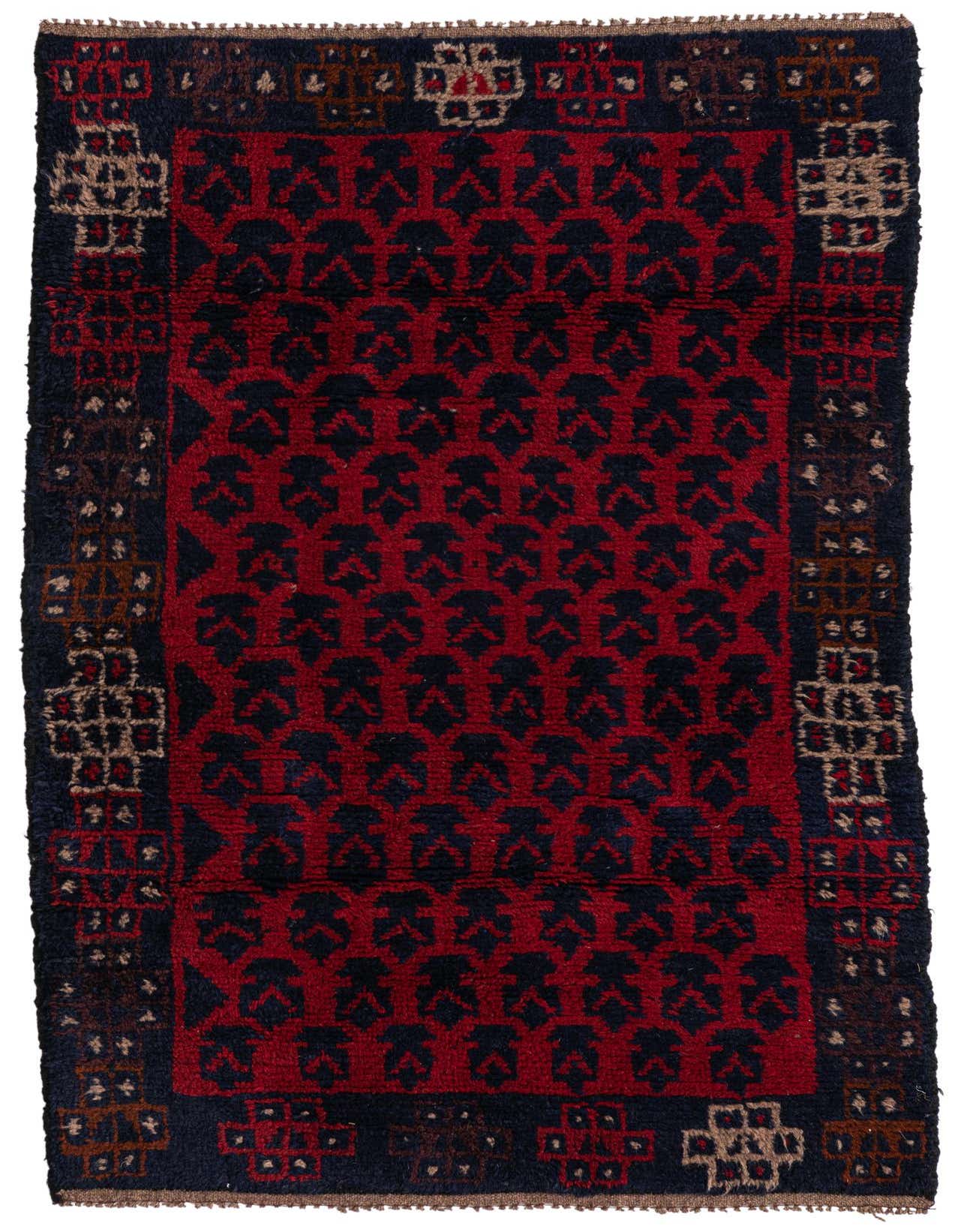 A 3x5 rectangular Balouch rug featuring a deep red field with repeating dark blue tribal motifs, bordered by a navy frame with lighter tan and brown traditional patterns.