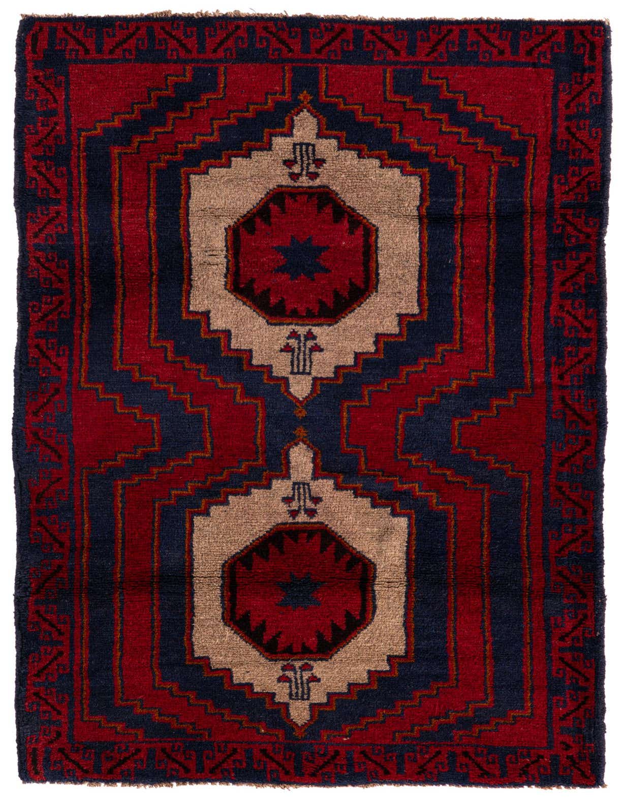 A 3x5 rectangular Balouch rug with a traditional Persian medallion pattern in deep reds, navy blue, and beige.