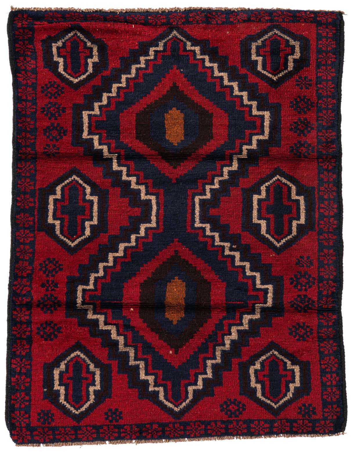 A 3x5 rectangular Balouch rug with a deep red field and a central navy and tan tribal medallion pattern.