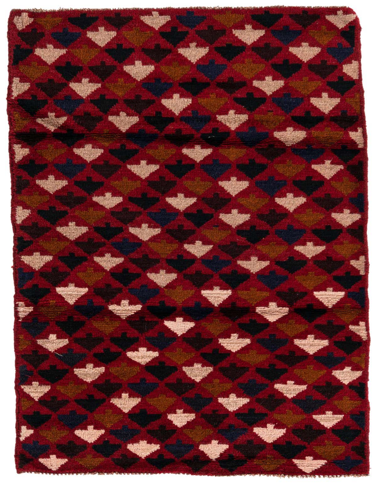 A 3x5 rectangular Balouch rug with a traditional tribal pattern in shades of red, brown, black, and cream.