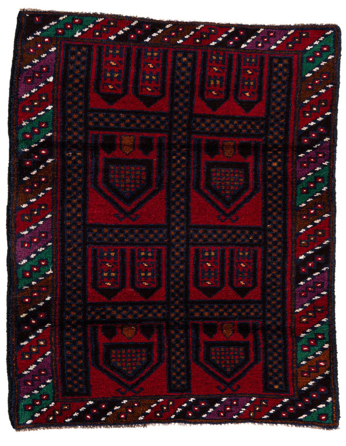 A 3x5 rectangular Balouch rug featuring a traditional tribal pattern in deep reds, navy, and black, with colorful accents.