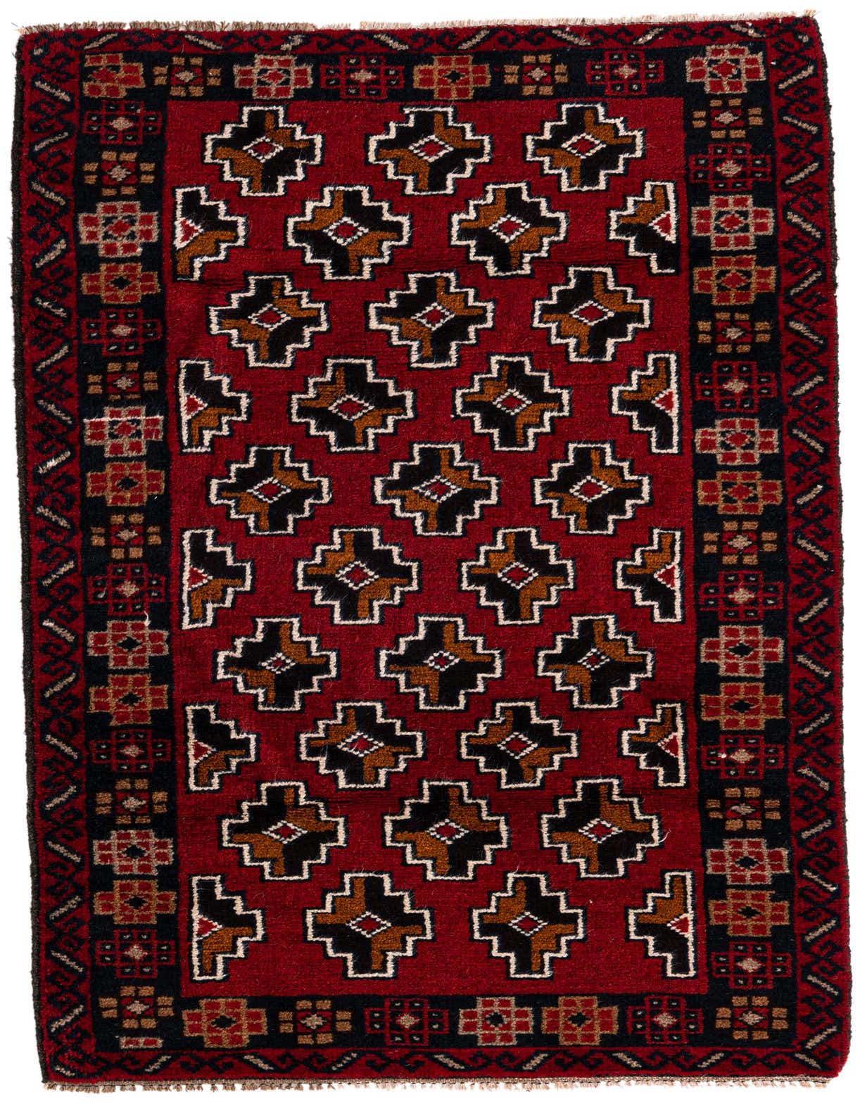 A 3x5 rectangular Balouch rug with a deep red field, black border, and tribal geometric patterns in black, brown, and white.
