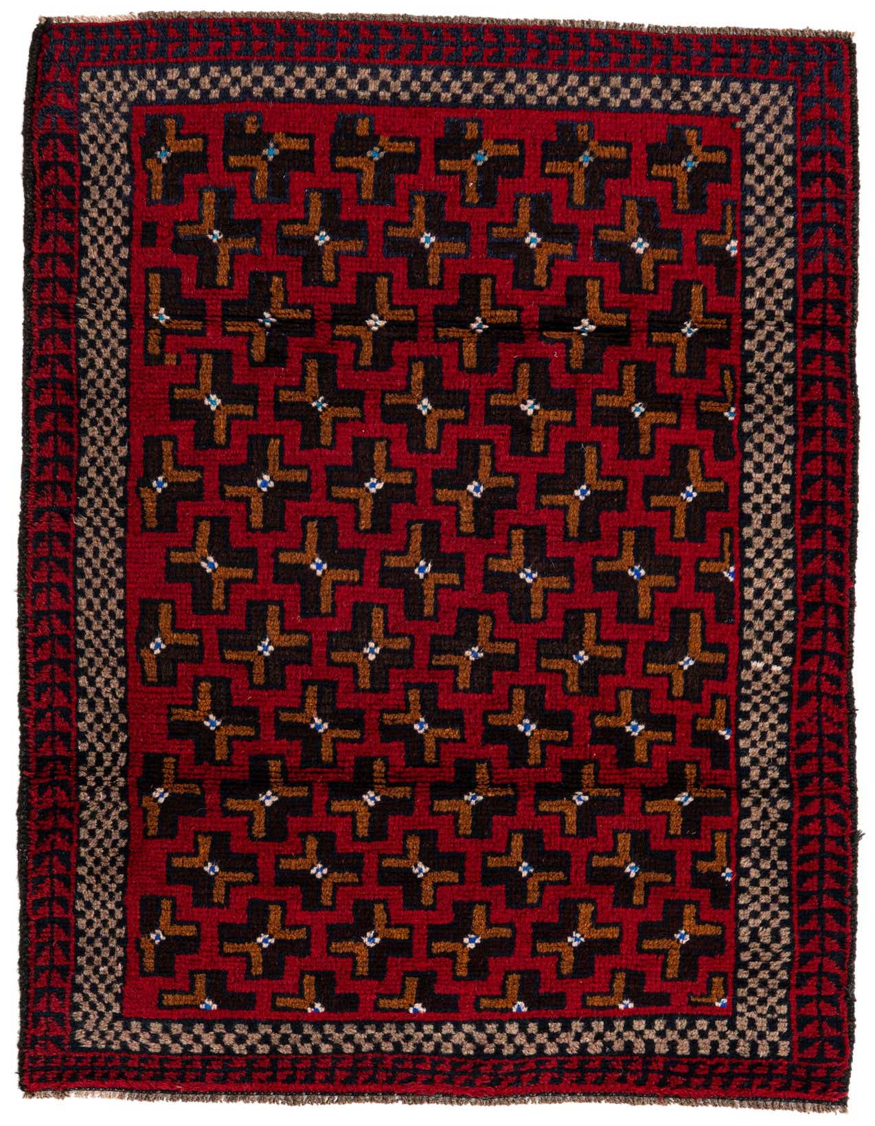 A 3x5 rectangular Balouch rug with a red field featuring repeating black and brown tribal cross patterns, bordered by checkerboard and geometric designs.