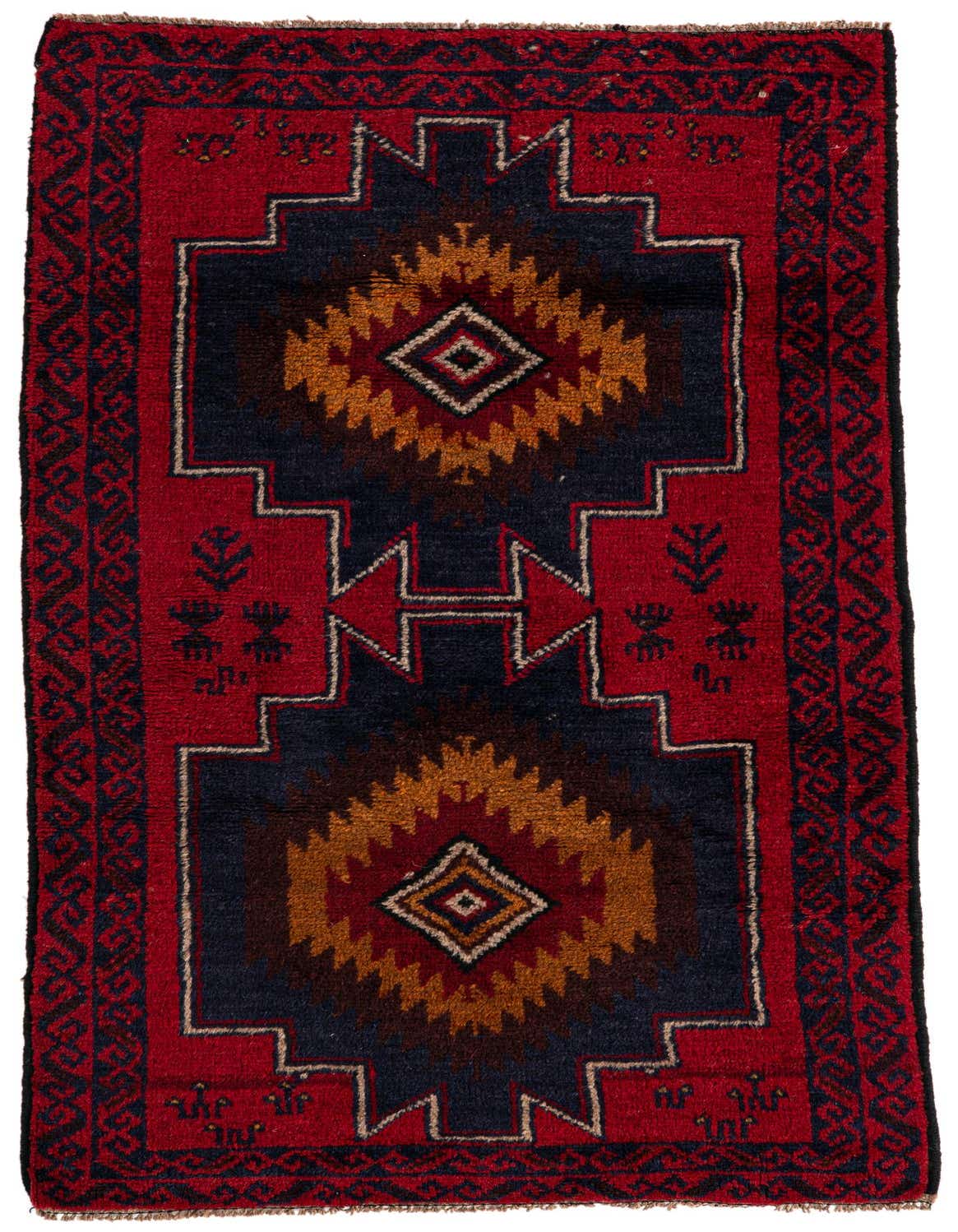 A 3x5 rectangular Balouch rug with a traditional tribal pattern in deep red, navy, and gold, featuring two central medallions.