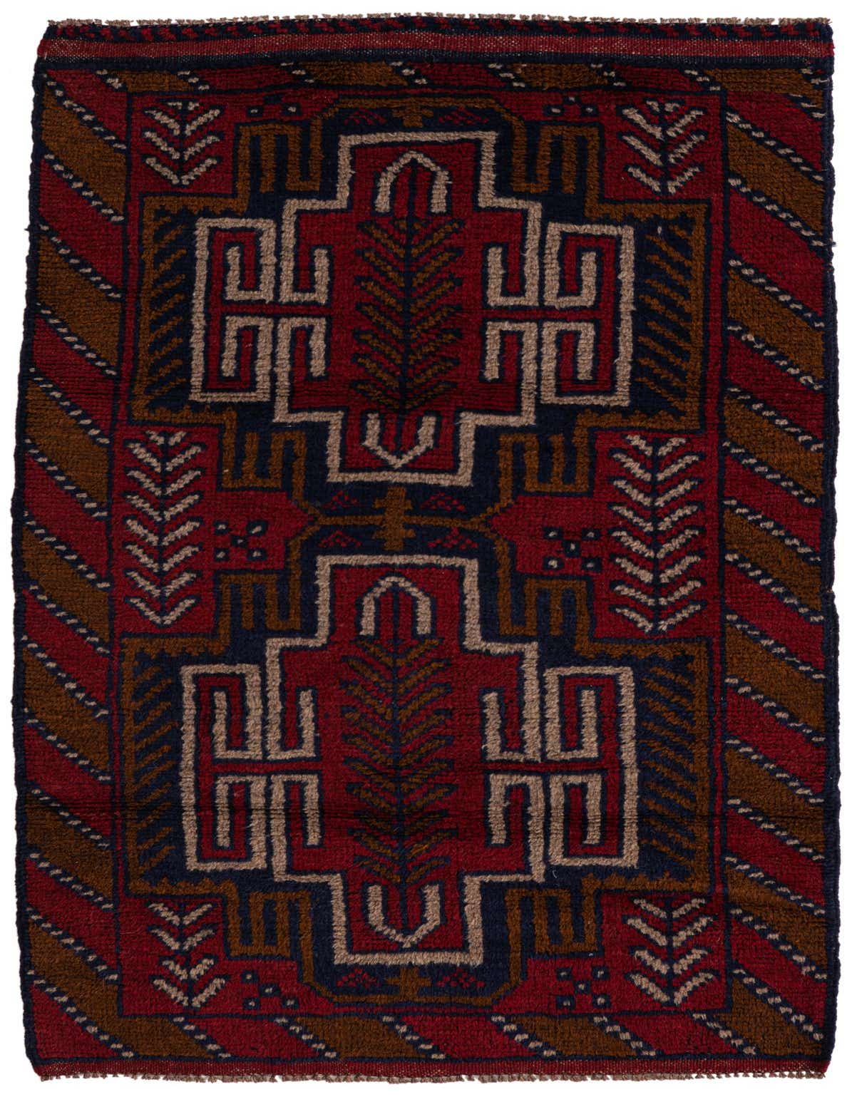 A 3x5 rectangular Balouch rug with a traditional Persian tribal pattern in deep reds, navy, and brown.