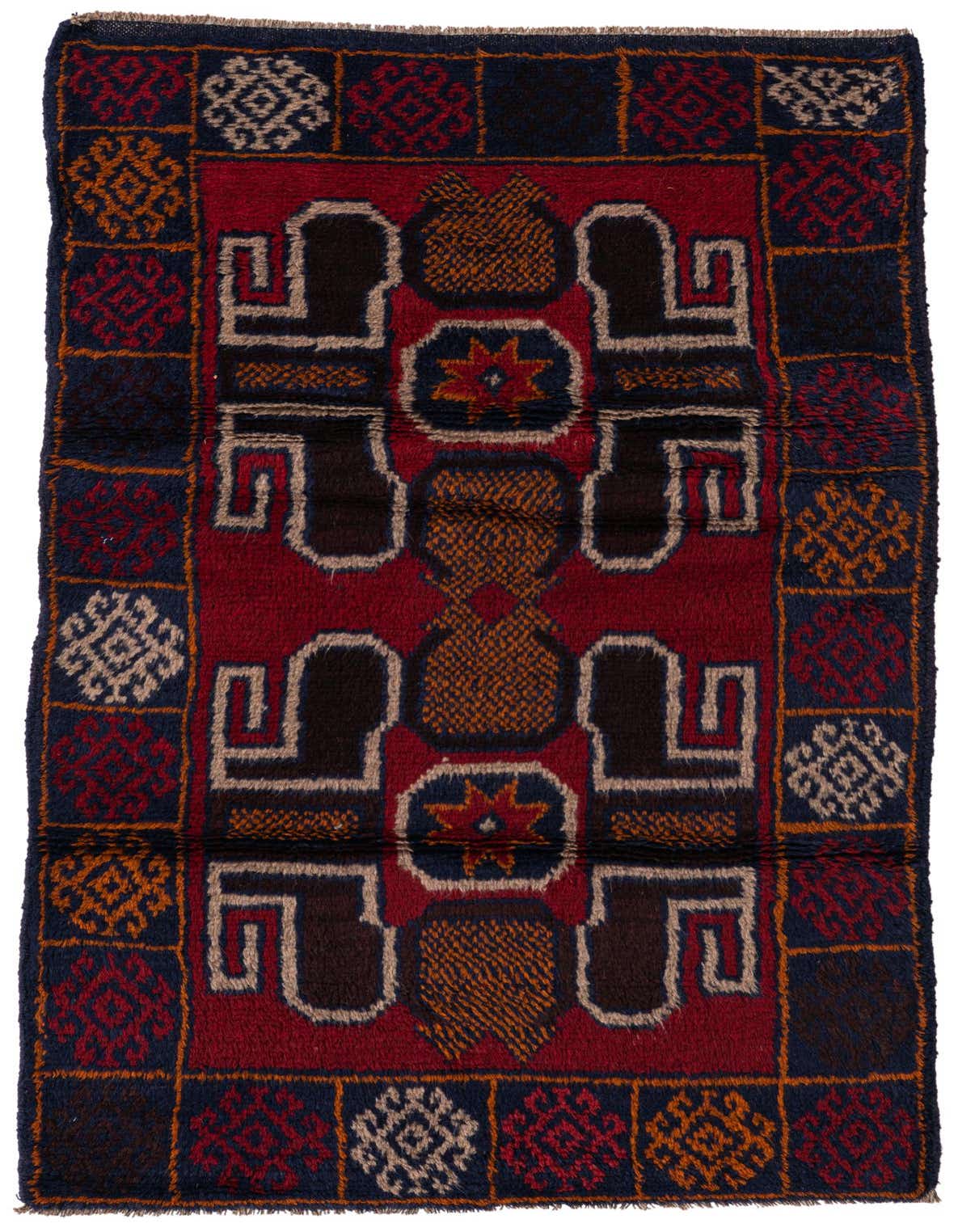 A handmade 3x5 rectangular Balouch rug with a traditional tribal pattern in deep reds, navy, and gold.