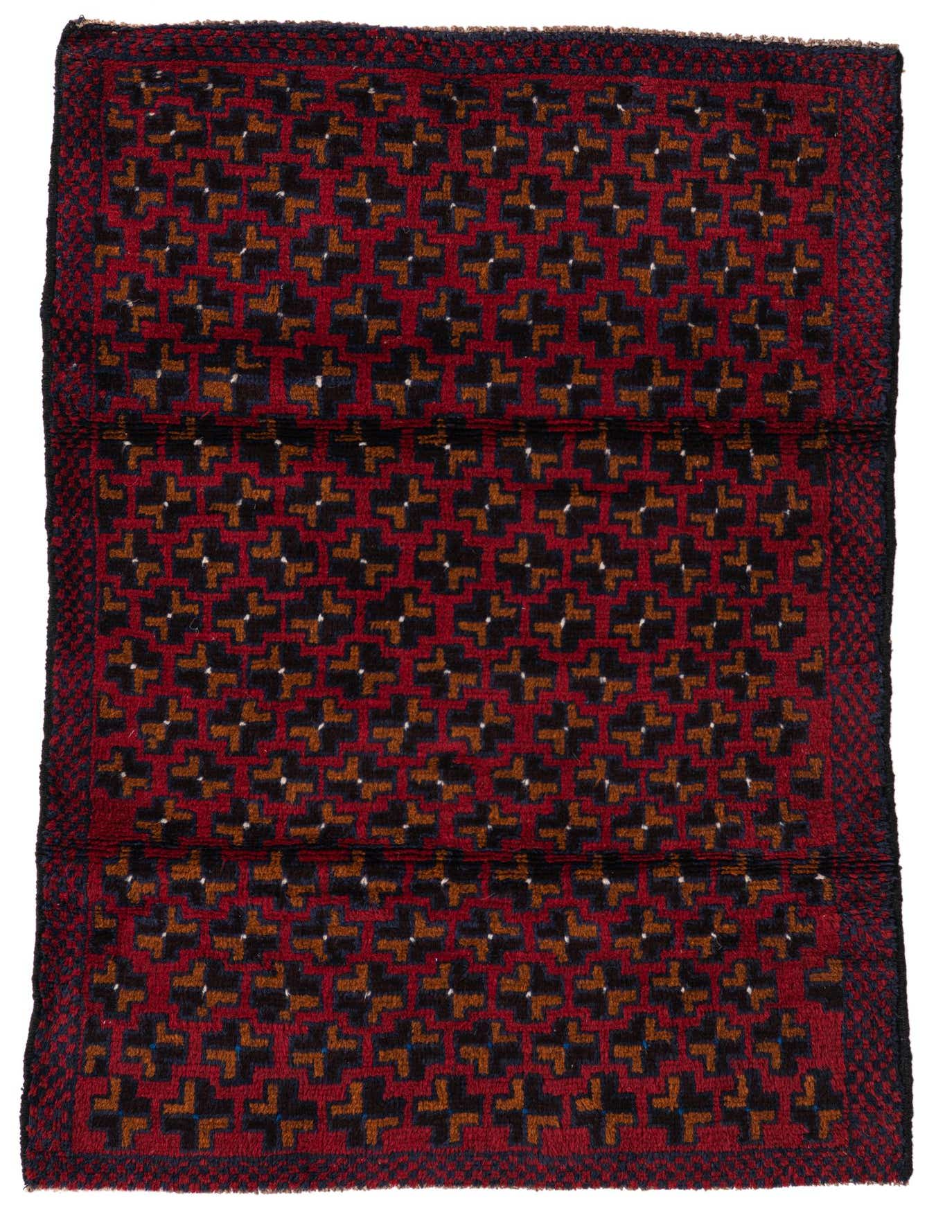 A 3x4 rectangular Balouch rug with a traditional Persian tribal pattern in deep reds, black, and hints of brown.
