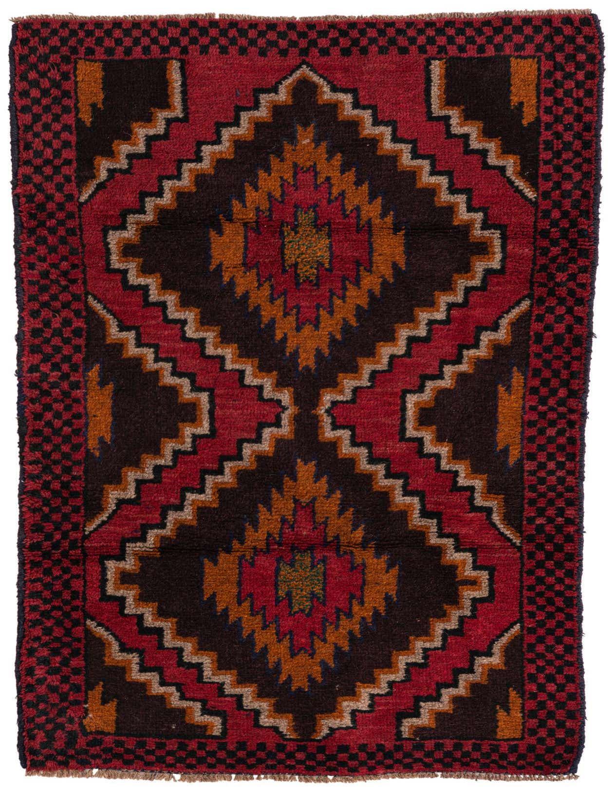A 3x5 rectangular Balouch rug featuring a traditional tribal medallion pattern in deep reds, black, and orange tones.
