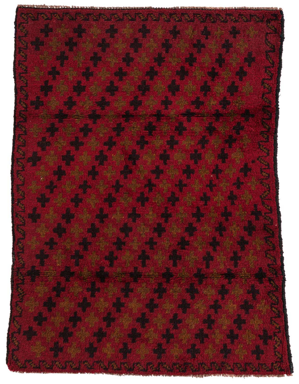 A 3x5 rectangular red Balouch wool rug with a traditional tribal pattern of alternating dark brown and olive green crosses.