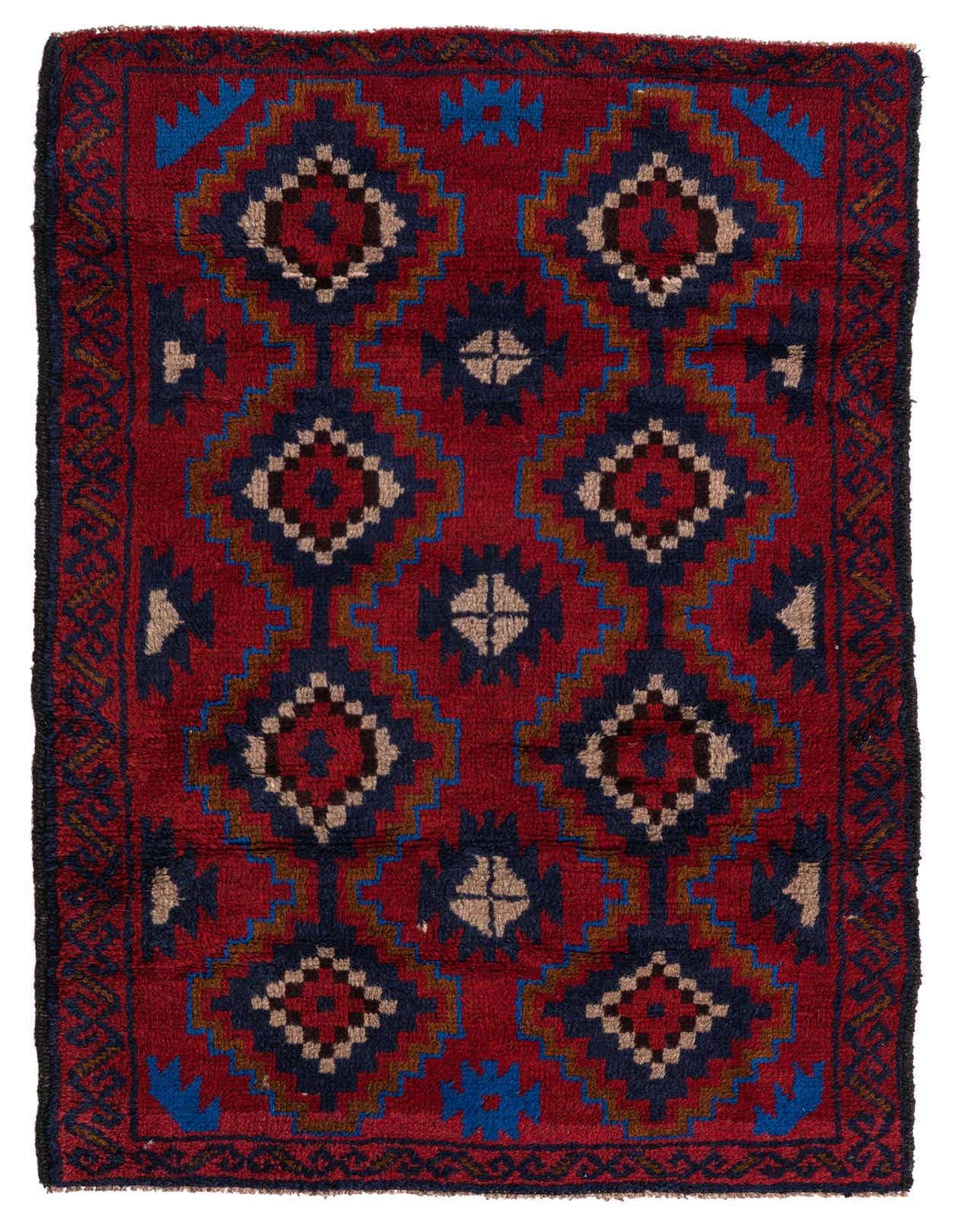 A 3x5 rectangular Balouch rug in deep red with traditional tribal patterns in navy blue, light blue, and beige.