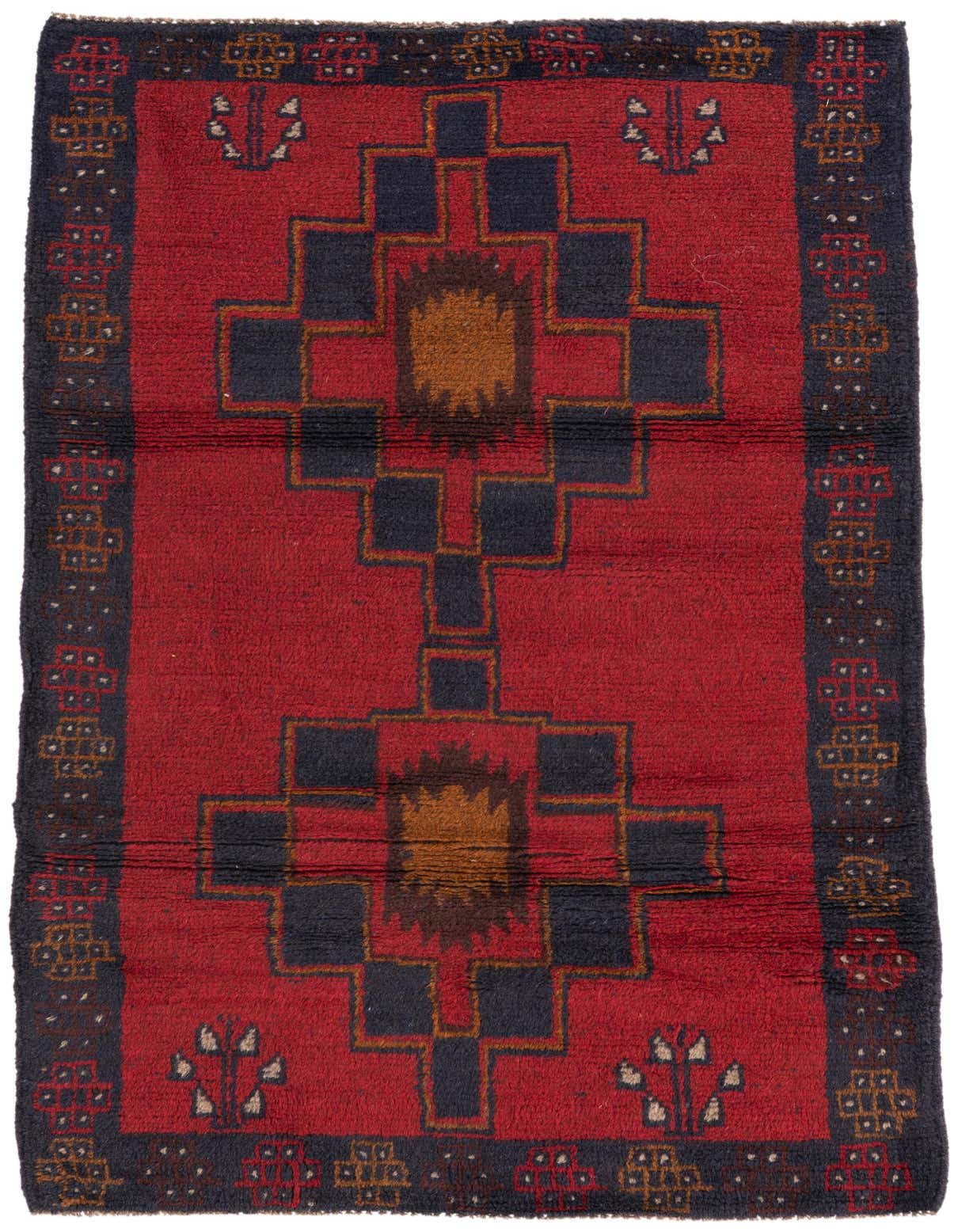 A 3x5 rectangular Balouch rug with a deep red field, featuring a central navy and gold geometric medallion pattern, and a detailed navy border.