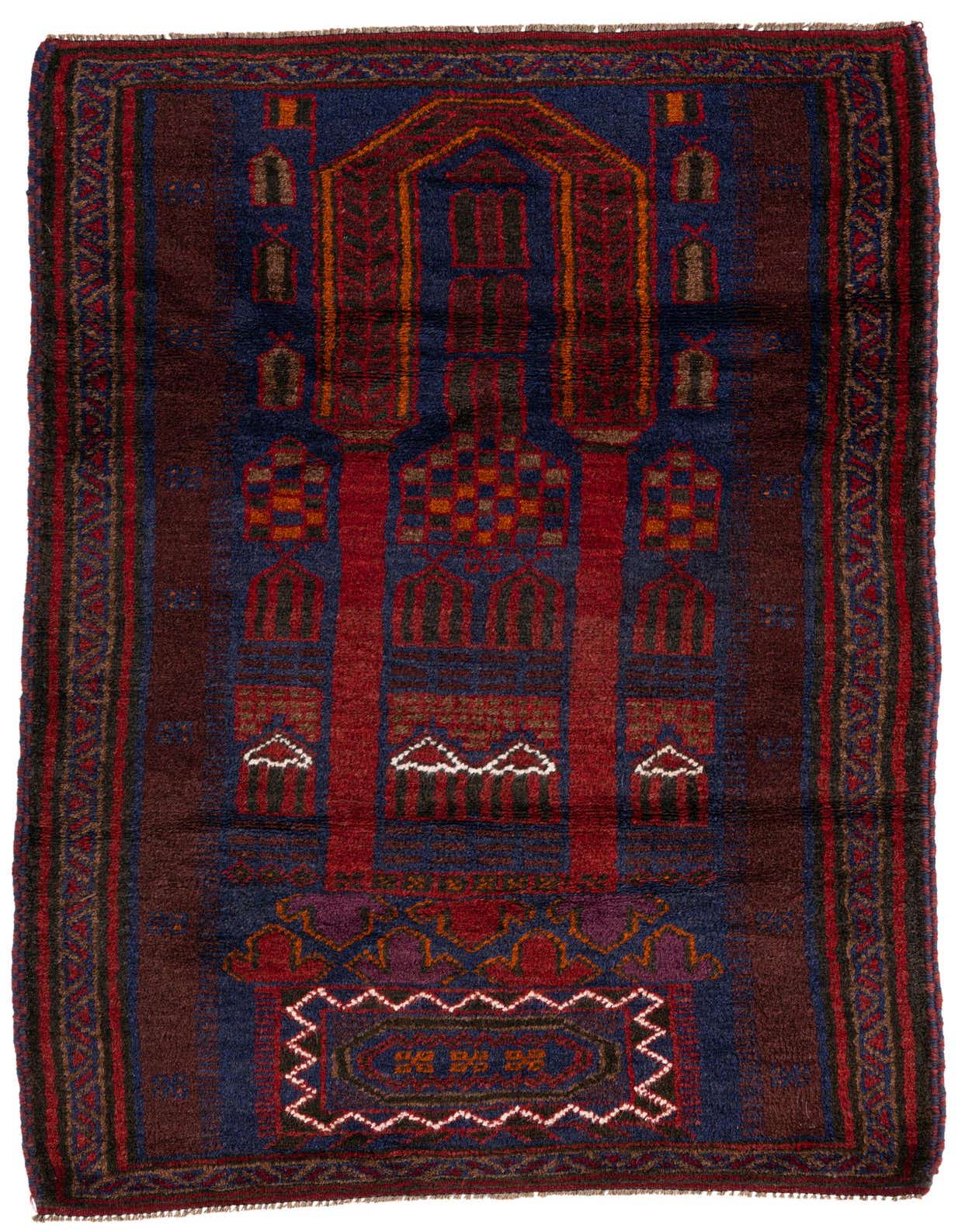 A 3x5 rectangular Balouch rug in deep reds and blues, featuring a traditional tribal medallion pattern.