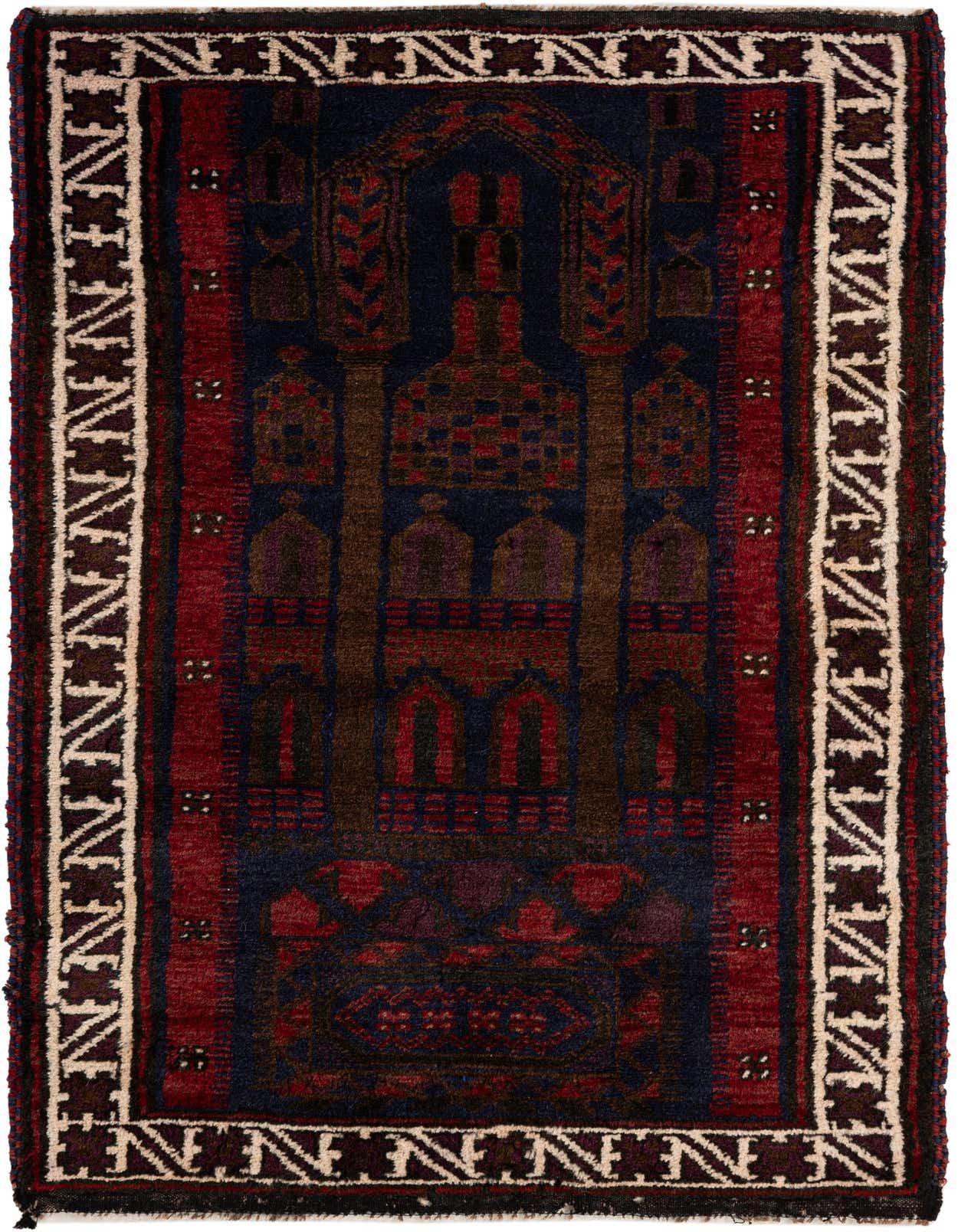 A 3x5 rectangular Balouch rug with a deep red field and navy blue, brown, and cream traditional Persian patterns, ideal for an entryway.