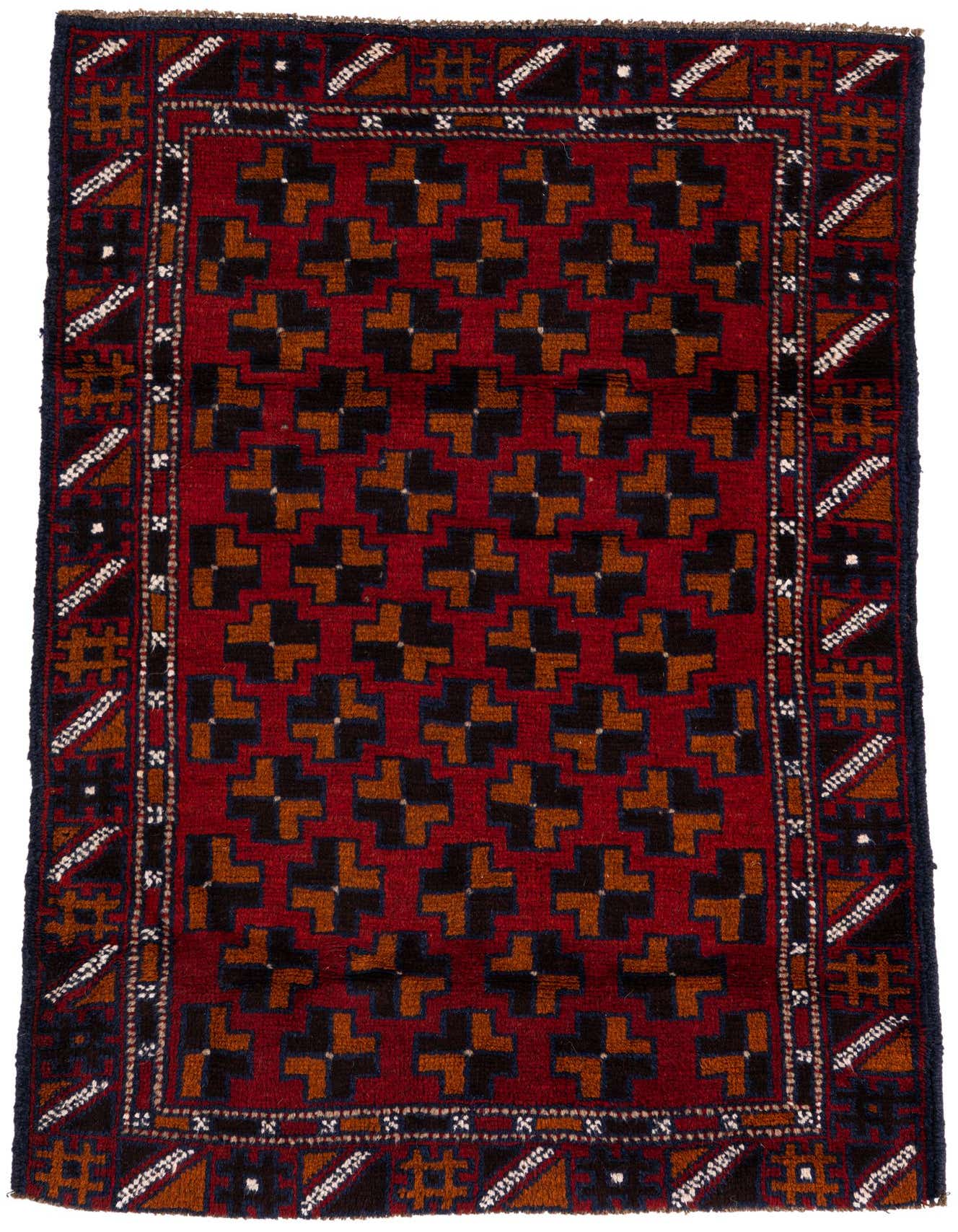 A 3x5 rectangular Balouch rug featuring a traditional red field with black and brown geometric patterns and a detailed border.