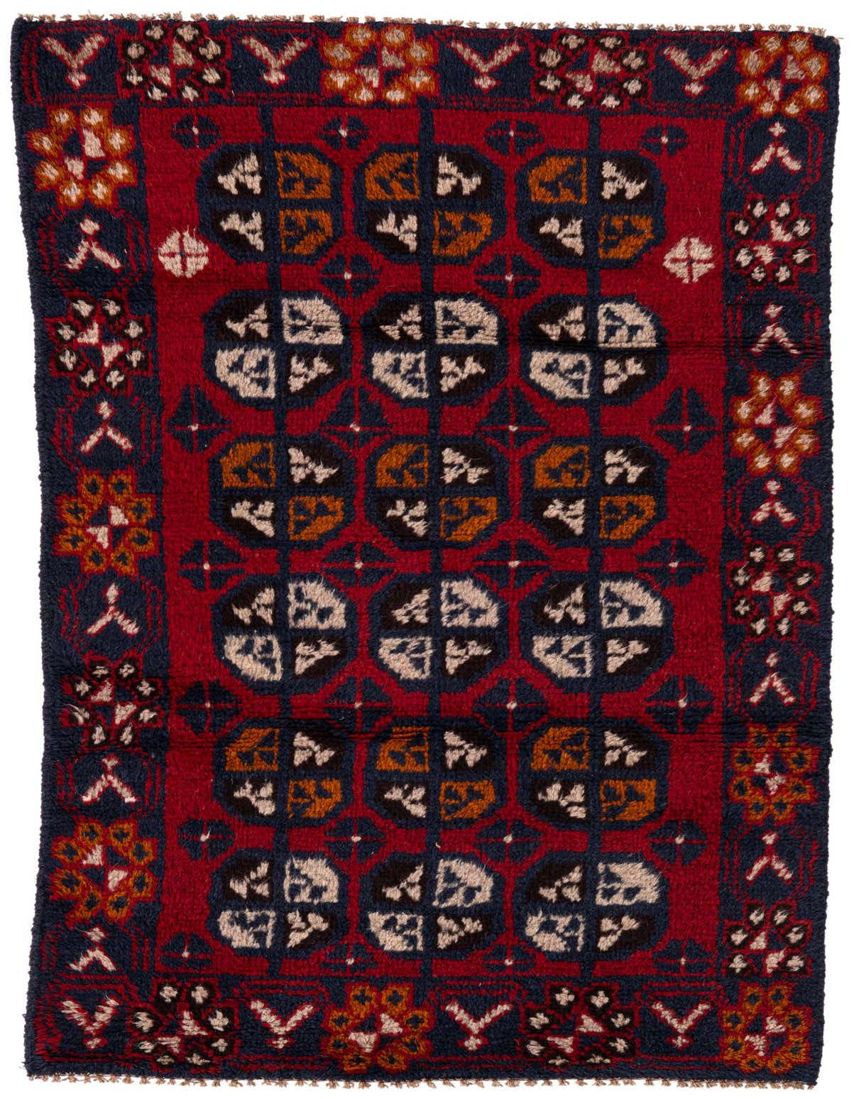 A 3x5 rectangular Balouch rug with a deep red field, navy border, and traditional tribal patterns in cream, black, and orange.