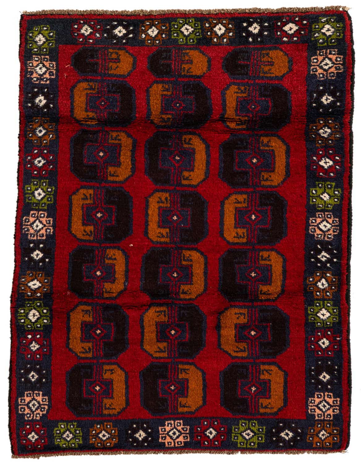 A 3x5 rectangular Balouch rug featuring a deep red field with rows of alternating dark brown and rust-orange geometric medallions, framed by a dark blue border with small, colorful floral and diamond motifs.
