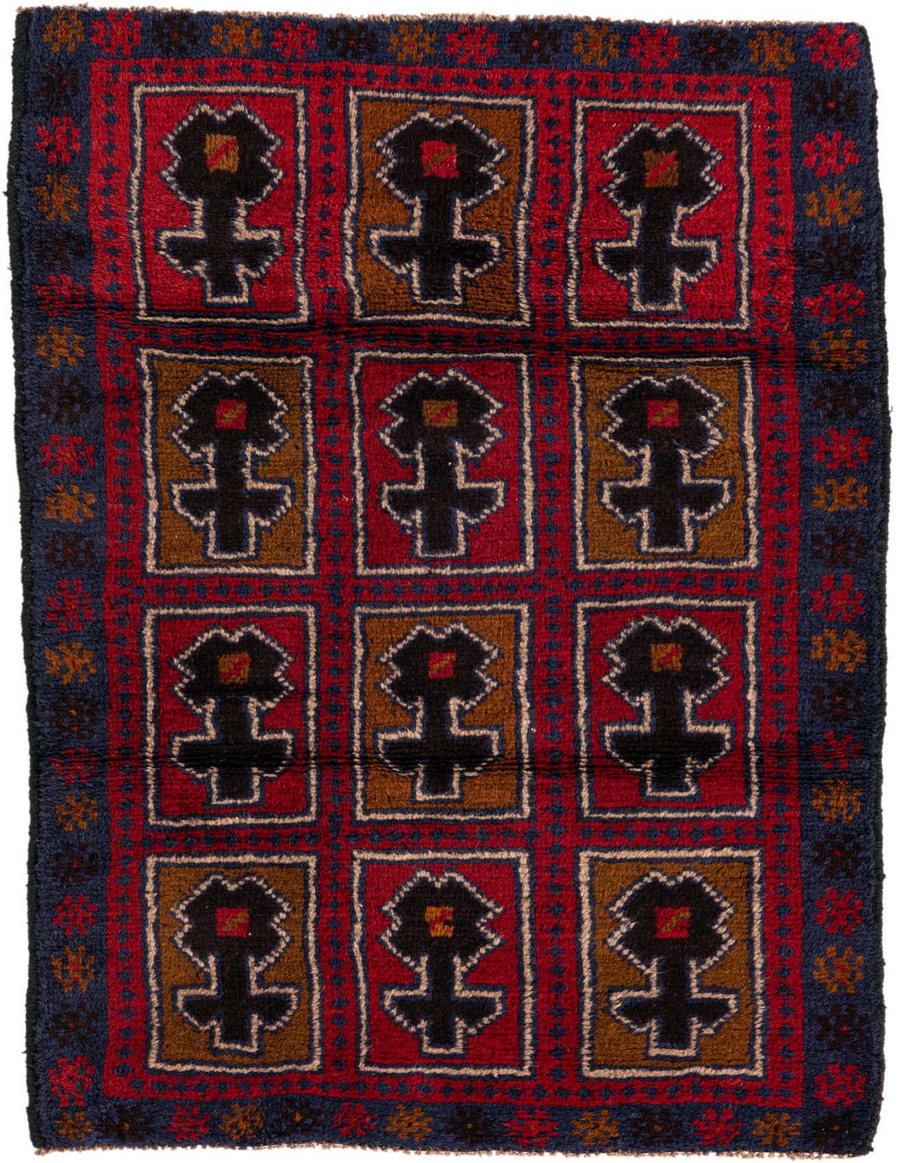 A 3x5 rectangular Balouch rug in traditional Persian style, featuring a grid of tribal motifs in red, brown, black, and navy.