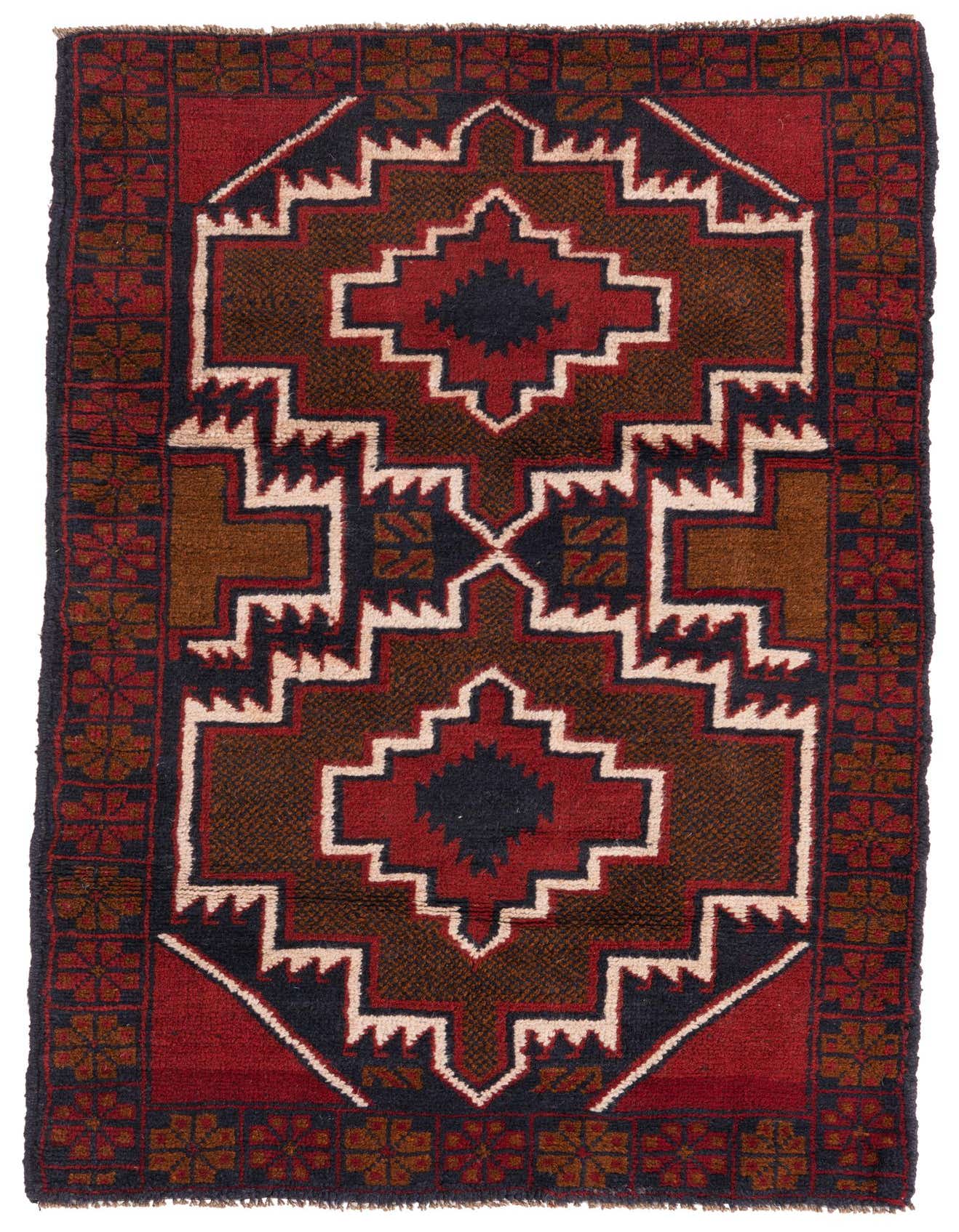 A 3x4 rectangular Balouch rug with a traditional tribal medallion pattern in deep reds, brown, black, and cream.