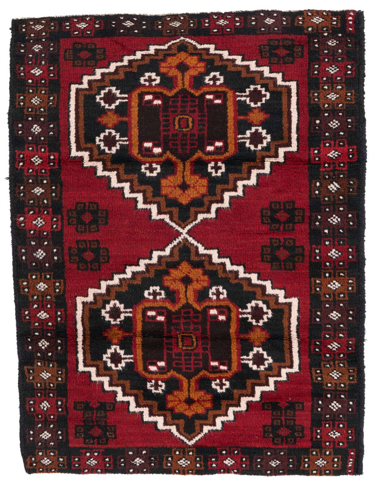 A 3x5 rectangular Balouch rug with a traditional Persian tribal pattern in deep red, black, and gold tones.