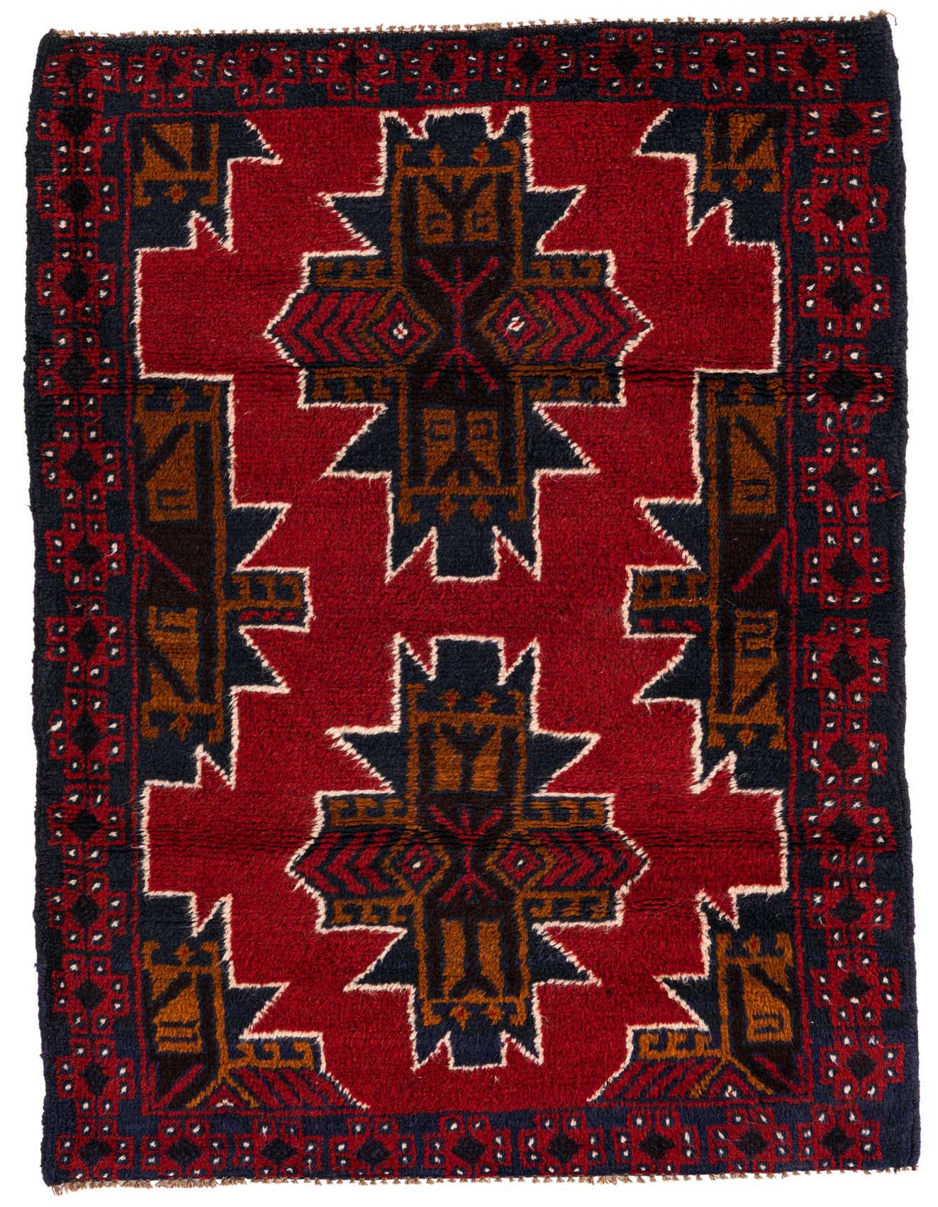 A 3x5 rectangular Balouch rug in deep red with a central tribal medallion and geometric patterns in navy, brown, and cream.