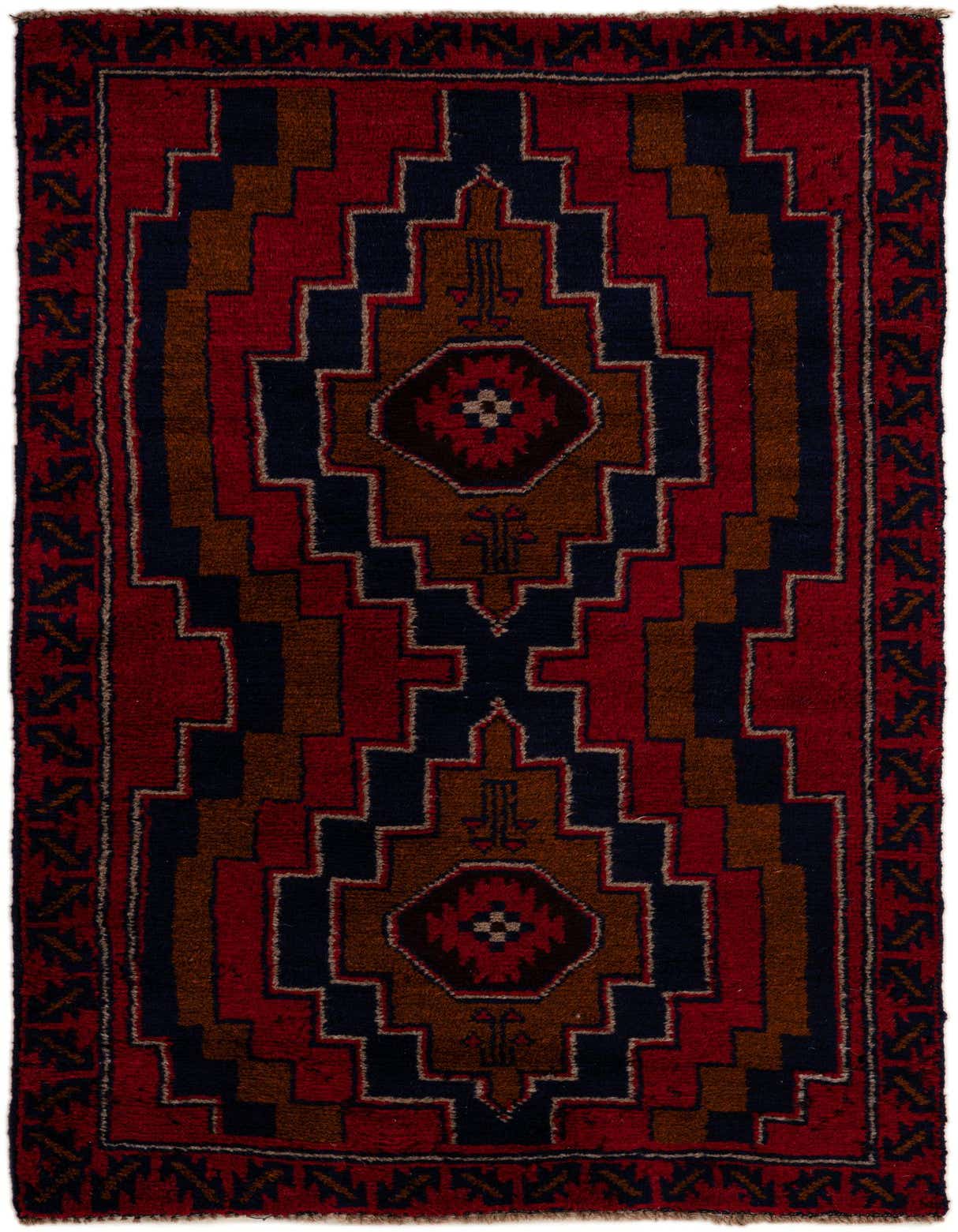 A 3x5 rectangular Balouch rug with a traditional tribal pattern in deep reds, navy blue, and brown, featuring a central medallion.