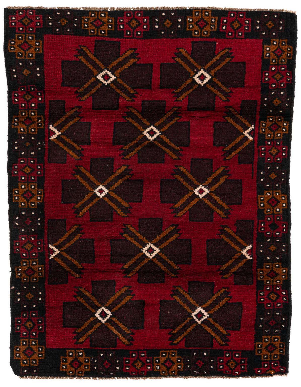 A 3x5 rectangular Balouch rug with a deep red field and a black border, featuring traditional tribal patterns.