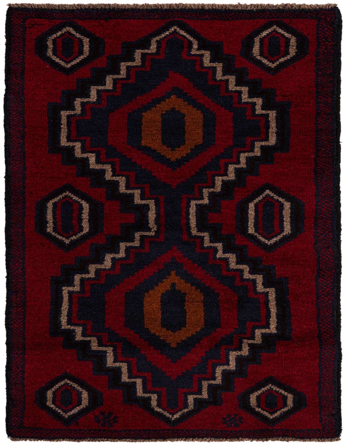 A 3x5 rectangular Balouch rug with a traditional tribal medallion pattern in deep reds, navy, and brown.