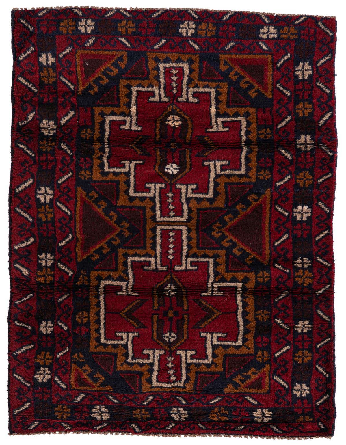A 3x5 rectangular Balouch rug with a traditional tribal medallion pattern in deep reds, navy, and cream.