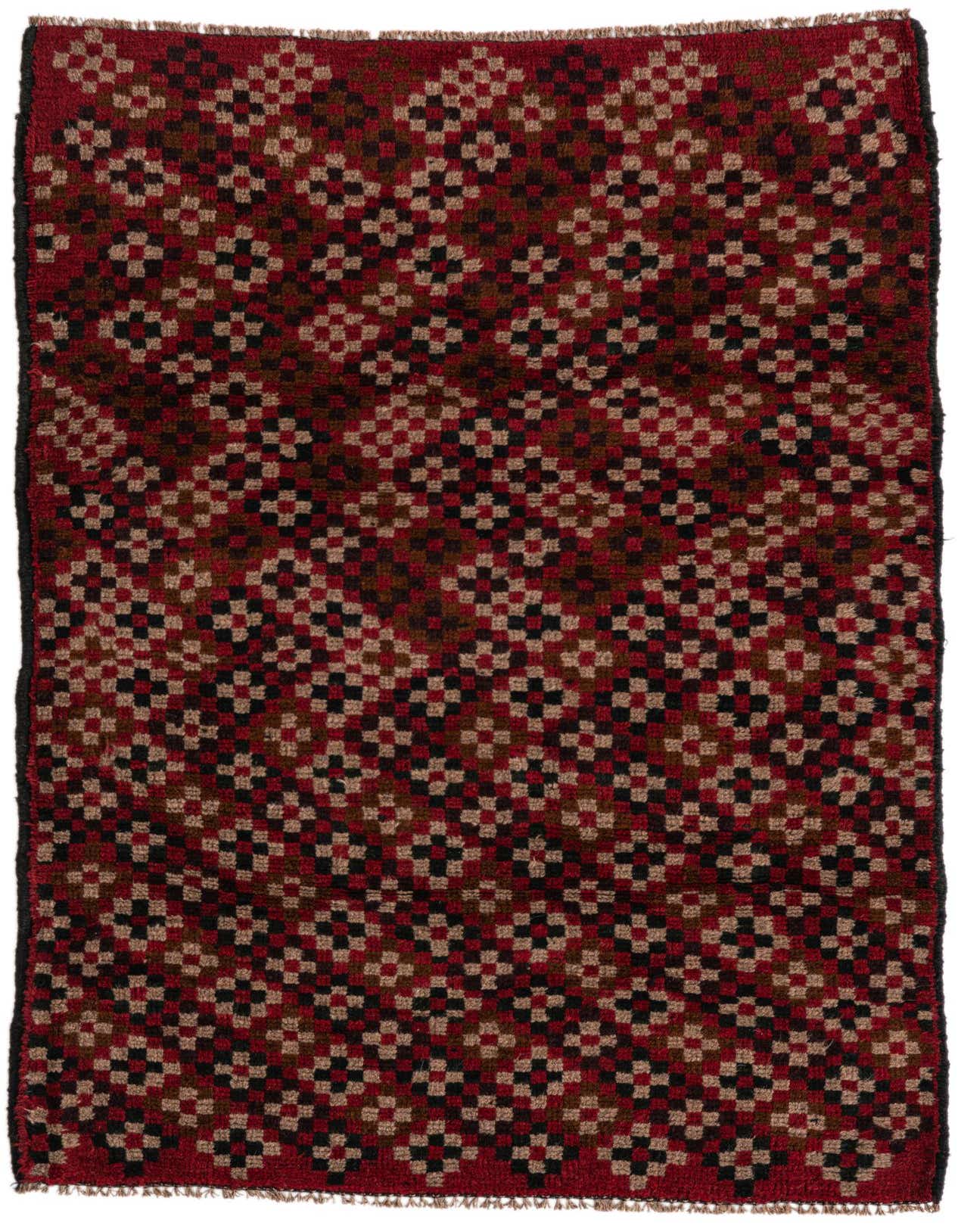 A 3x4 rectangular Balouch rug with a traditional Persian tribal pattern in various shades of red, black, and tan.