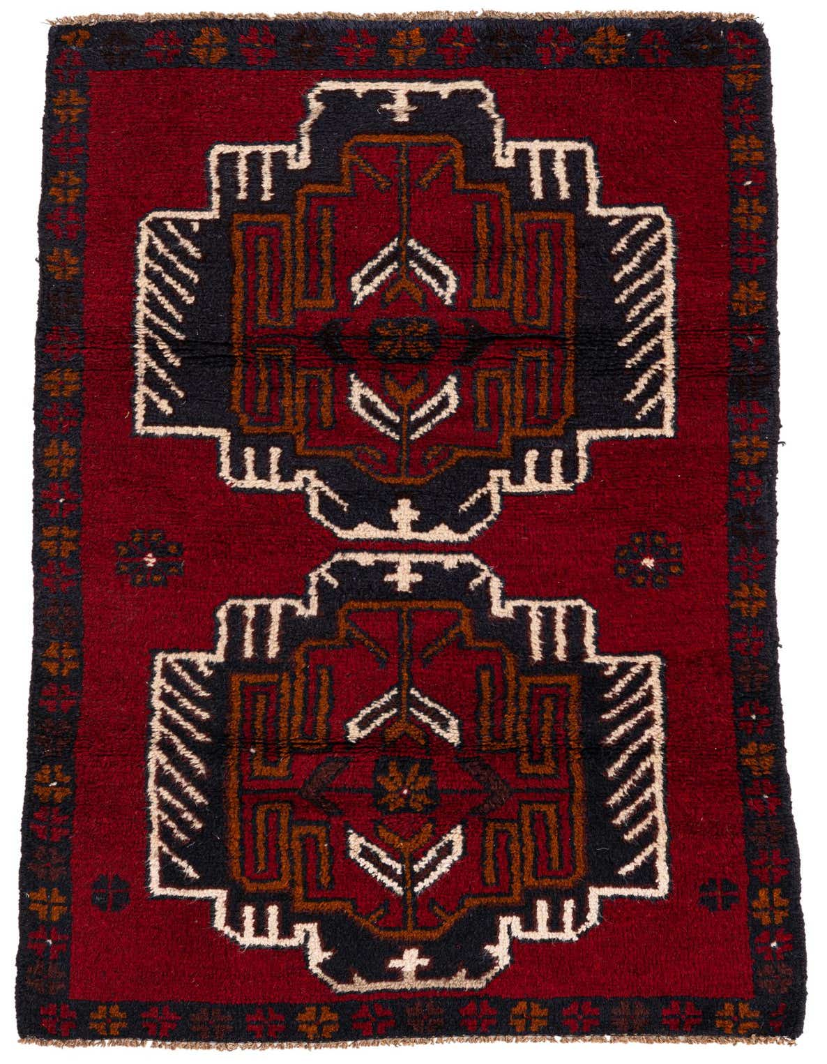 A 3x5 rectangular Balouch rug with a deep red field and intricate tribal patterns in black, brown, and cream.