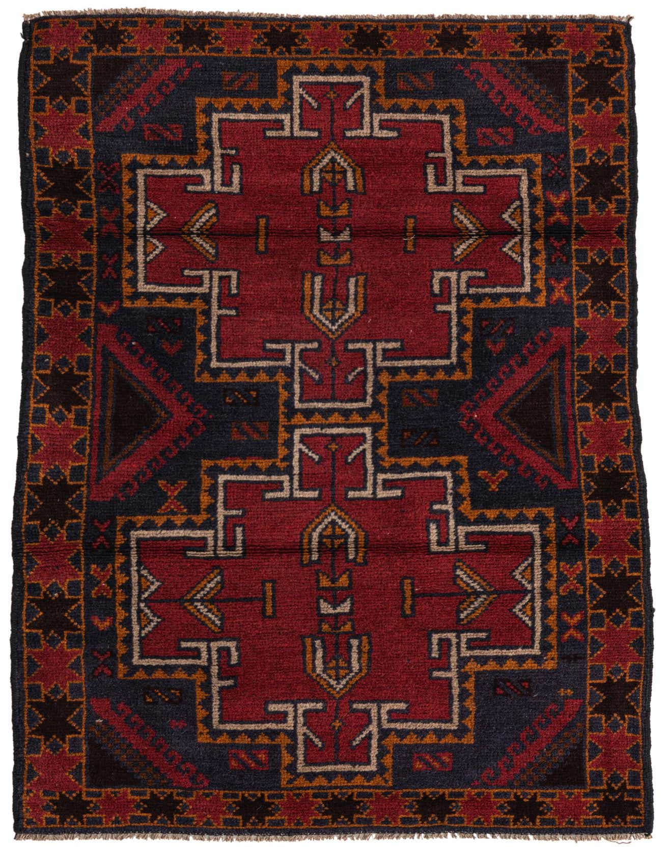 A 3x4 rectangular Balouch rug featuring a traditional tribal pattern in deep reds, navy, and gold, showcasing intricate geometric motifs.