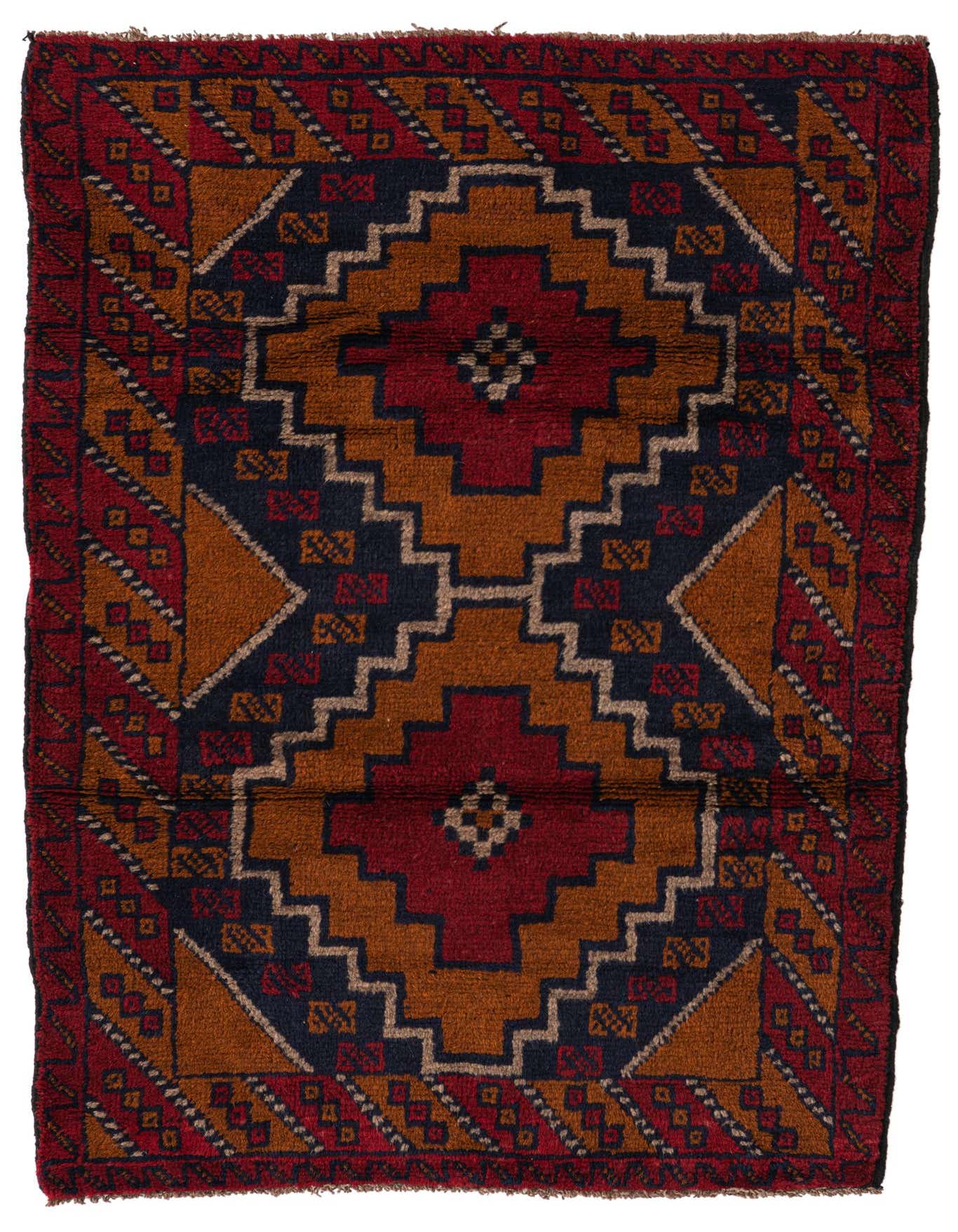A 3x5 rectangular Balouch rug with a traditional tribal medallion pattern in reds, navy, and gold tones.