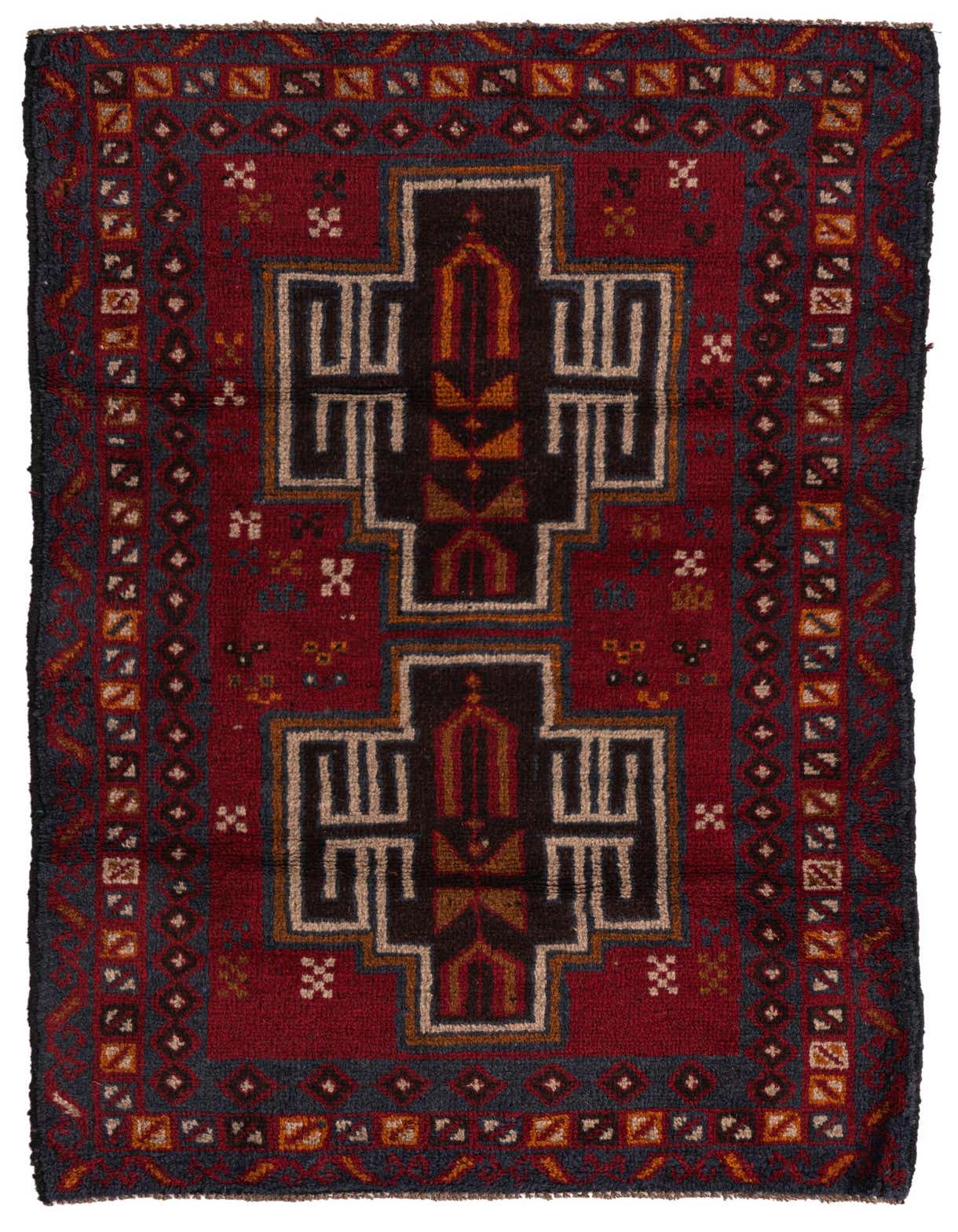 A 3x5 rectangular red Balouch rug with a central medallion design and tribal patterns in black, cream, and orange.
