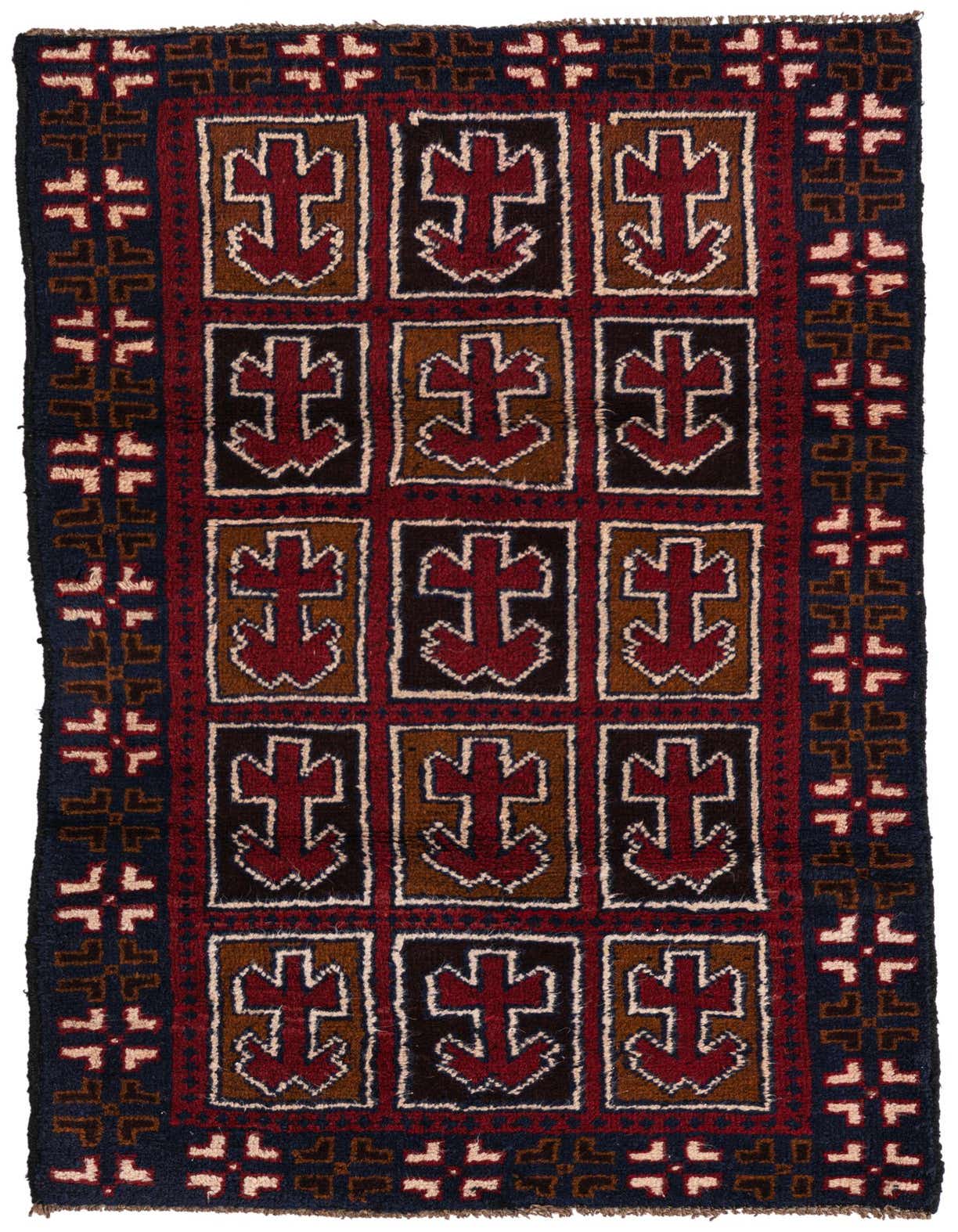 A 3x5 rectangular Balouch wool rug featuring a traditional tribal pattern with red, brown, and navy anchors on a dark background.