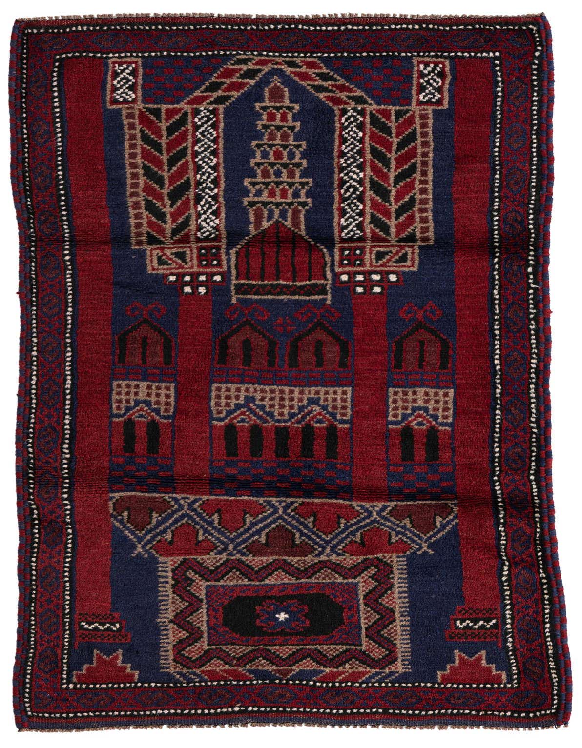 A 3x5 rectangular Balouch rug with a traditional Persian design in deep reds, navy blue, and black, featuring intricate tribal patterns and a thin pile.