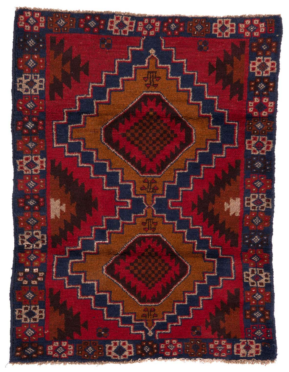 A 3x5 rectangular Balouch rug with a traditional Persian tribal pattern in reds, navy, and brown, featuring a central medallion design.