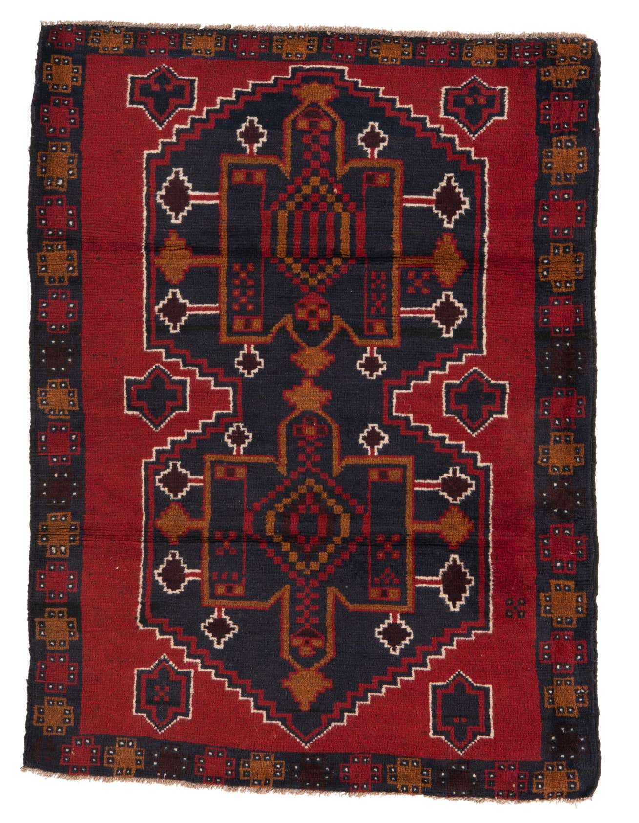 A 3x5 rectangular Balouch rug with a traditional tribal pattern in deep red, navy, and gold tones.