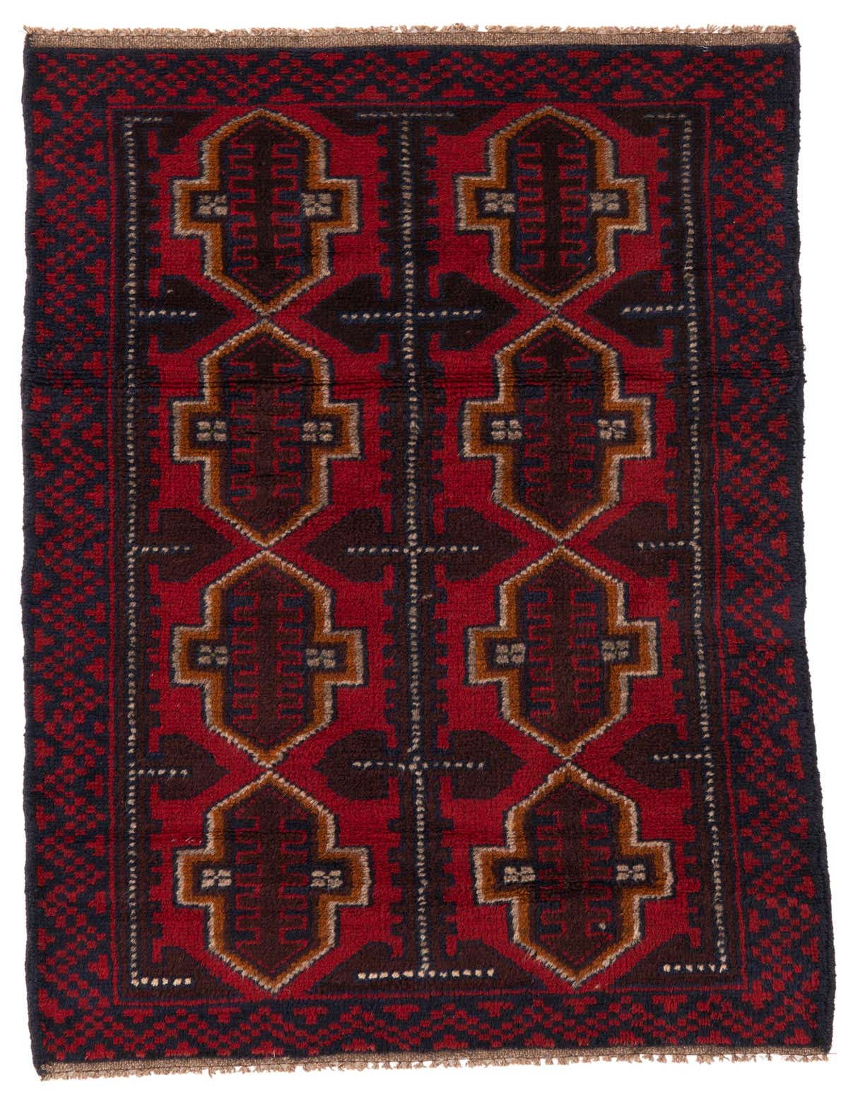 A 3x5 rectangular Balouch rug with a traditional Persian tribal pattern in deep reds, navy, and brown.