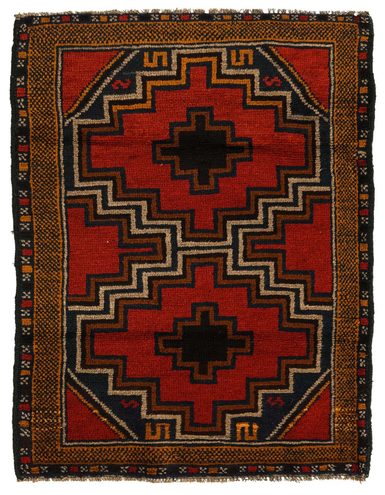 A 3x4 rectangular Balouch rug featuring a traditional tribal medallion pattern in reds, black, and gold.