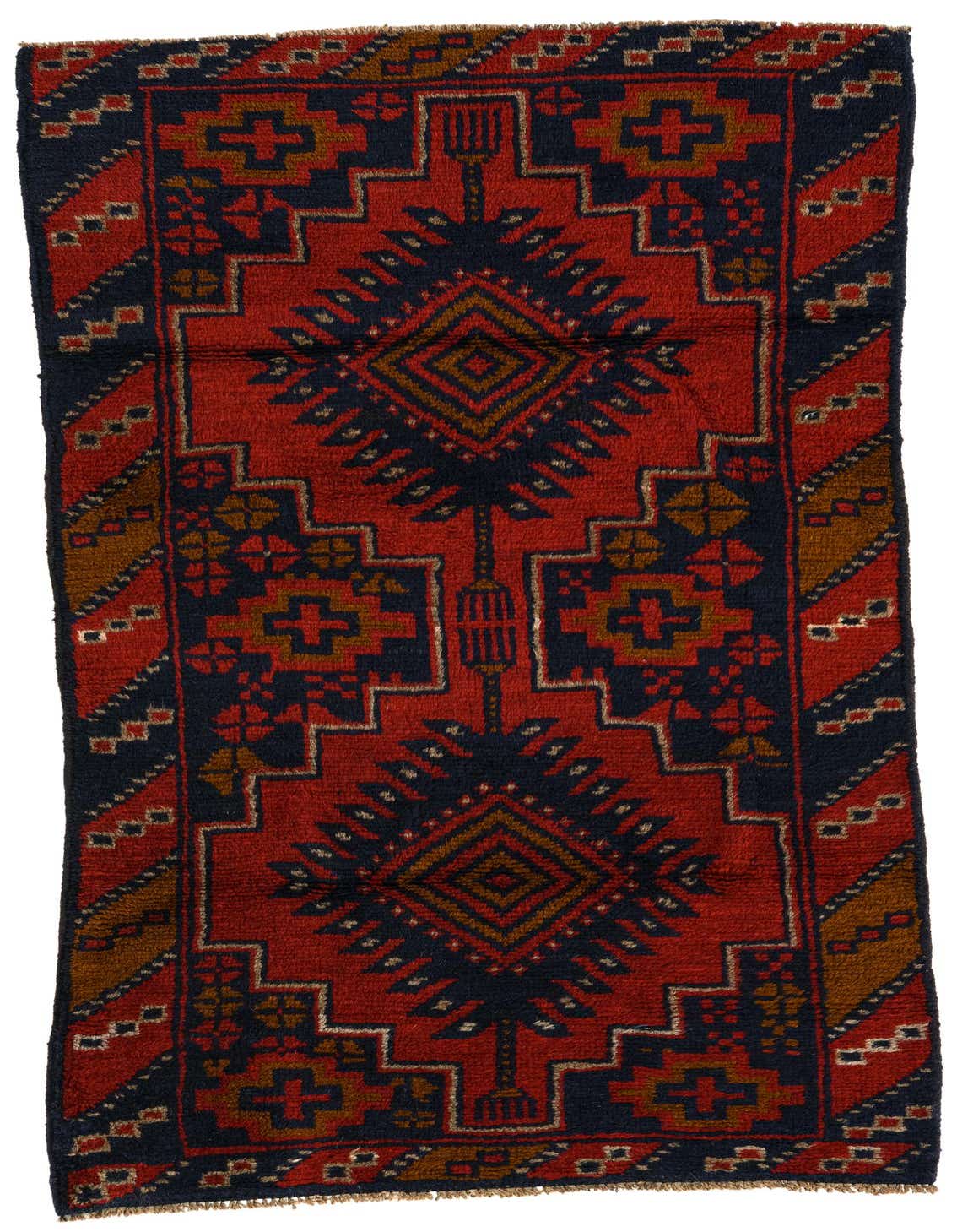 A 3x5 rectangular Balouch rug with a traditional tribal pattern in deep reds, navy blue, and accents of brown and gold.