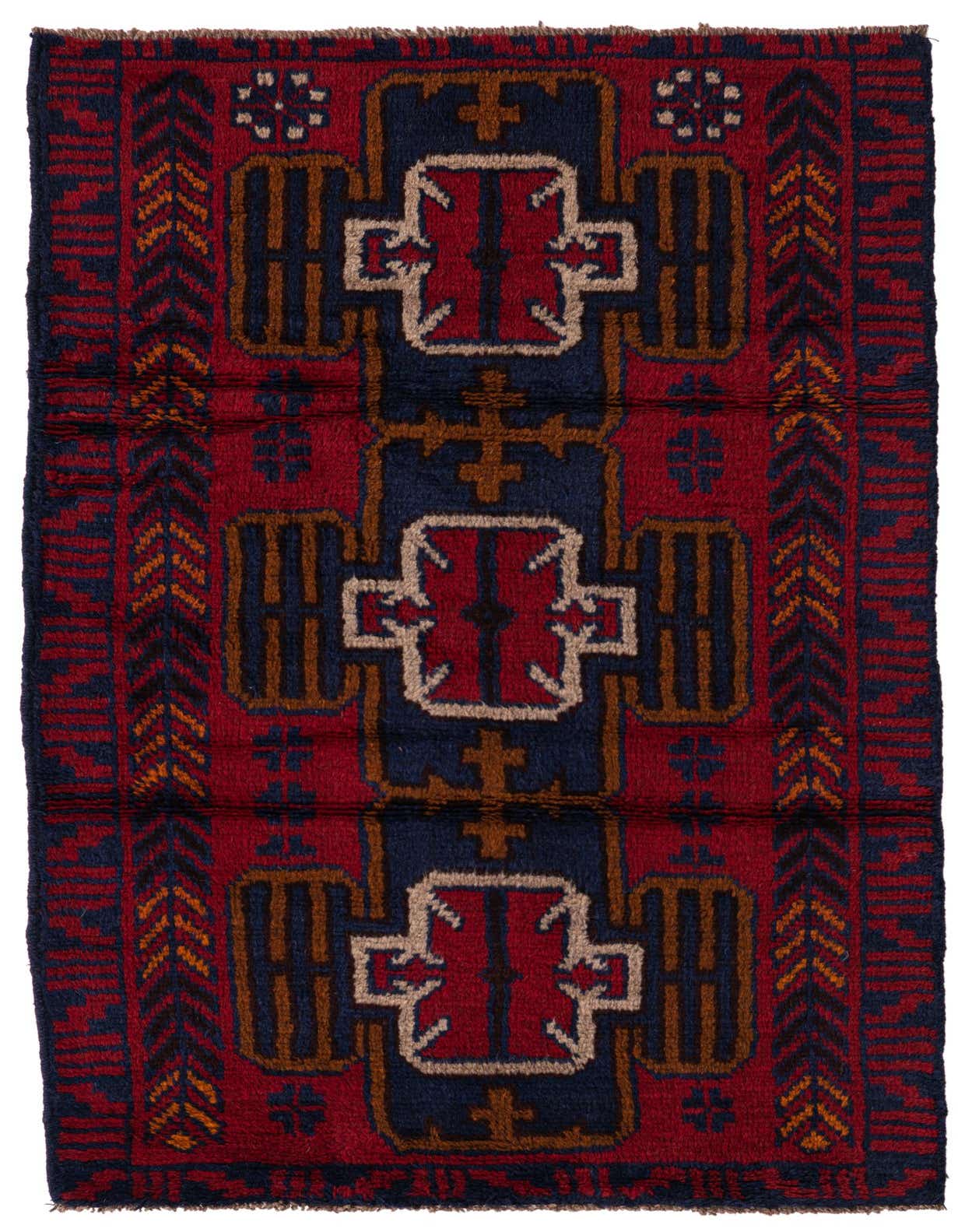 A 3x5 rectangular Balouch rug with a traditional tribal pattern in deep reds, navy blue, and accents of brown and beige.